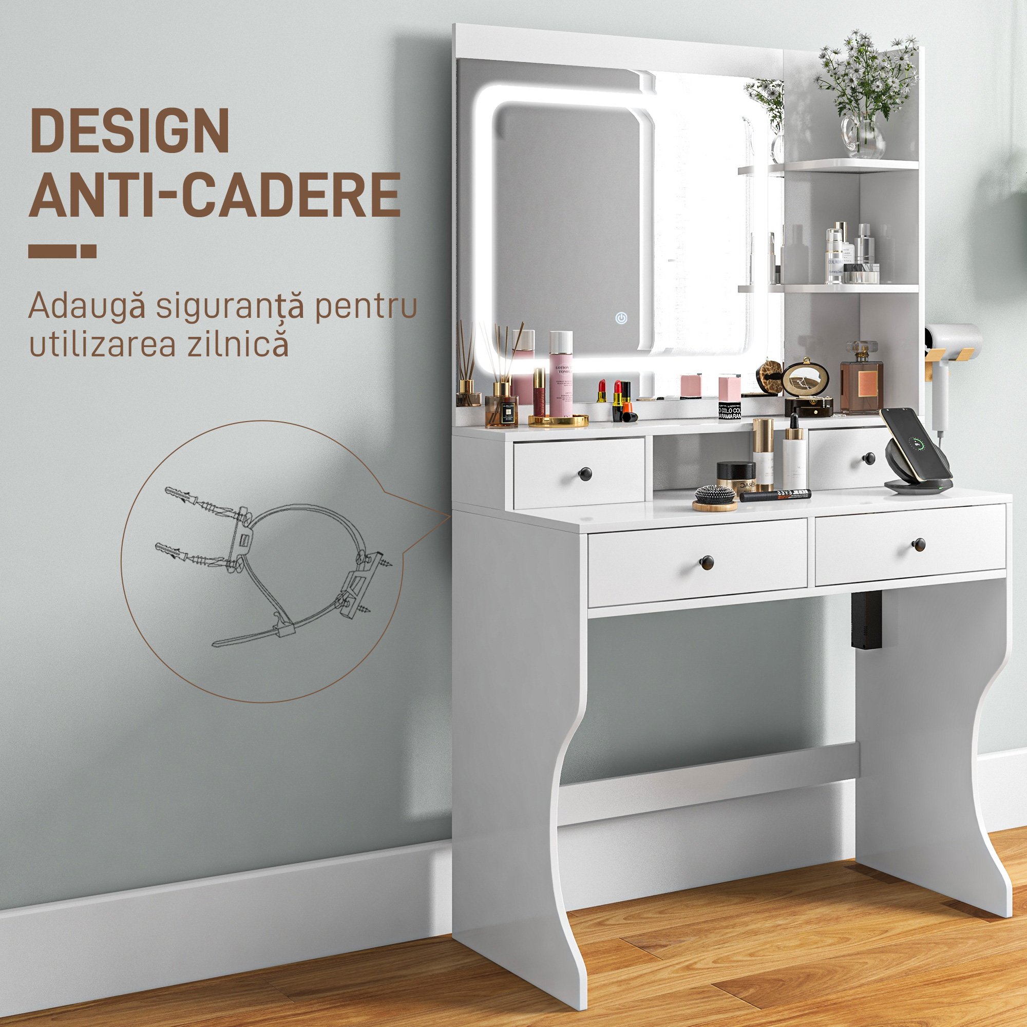  Masa de Toaleta cu Oglinda Iluminata LED, Masa de Machiaj cu Statie de incarcare, 4 sertare si rafturi de depozitare, 90x45x160 cm, Alb [6]