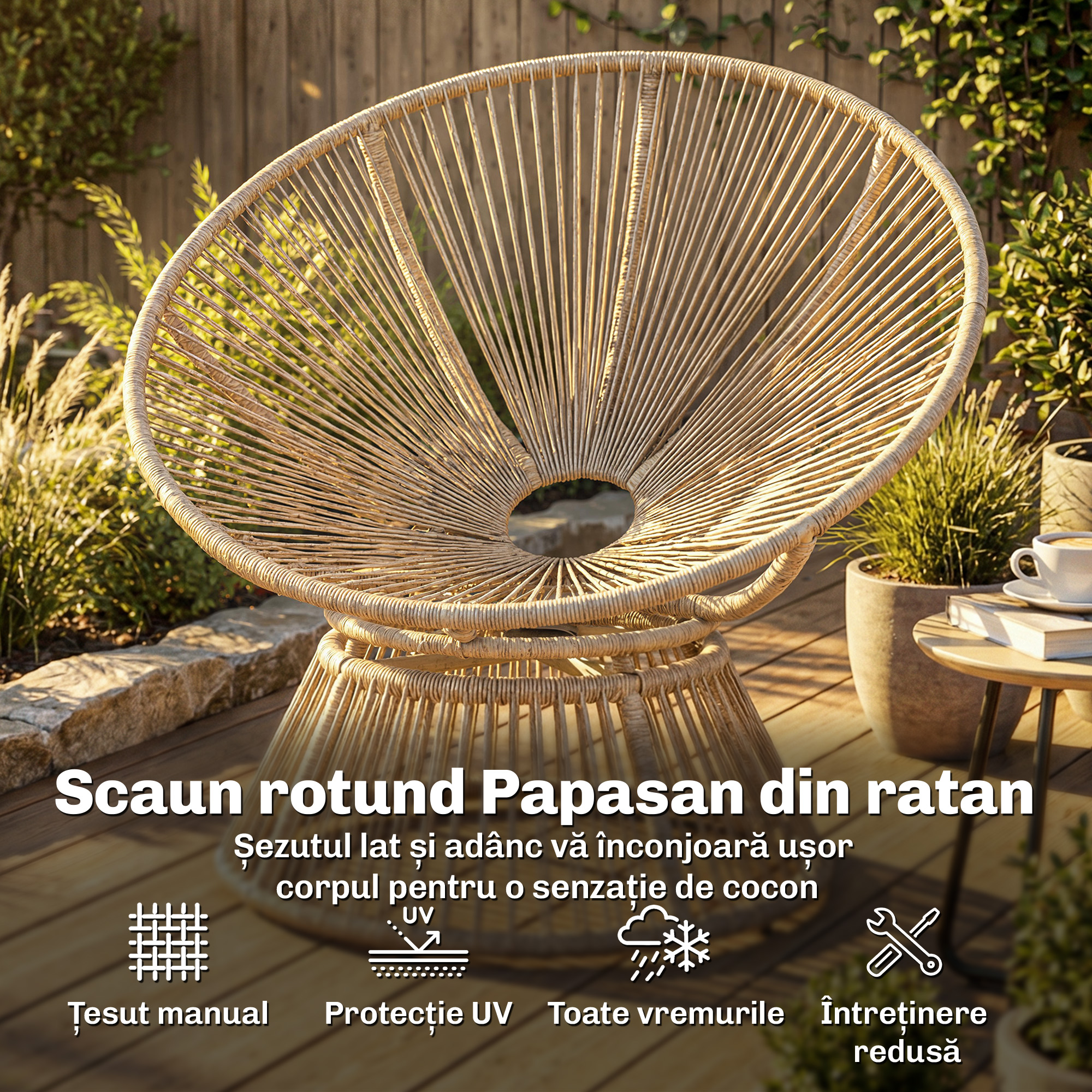  Fotoliu Papasan Rotativ 360° Moon Chair cu Perna pentru Interior/Exterior, Crem Alb [4]
