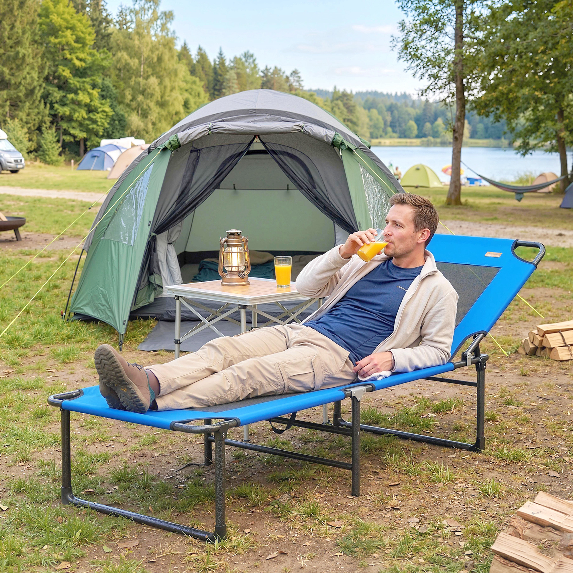  sezlong Pliabil, Spatar Reglabil pe 4 Pozitii, Manere pentru Transport, Culoare Albastru [7]