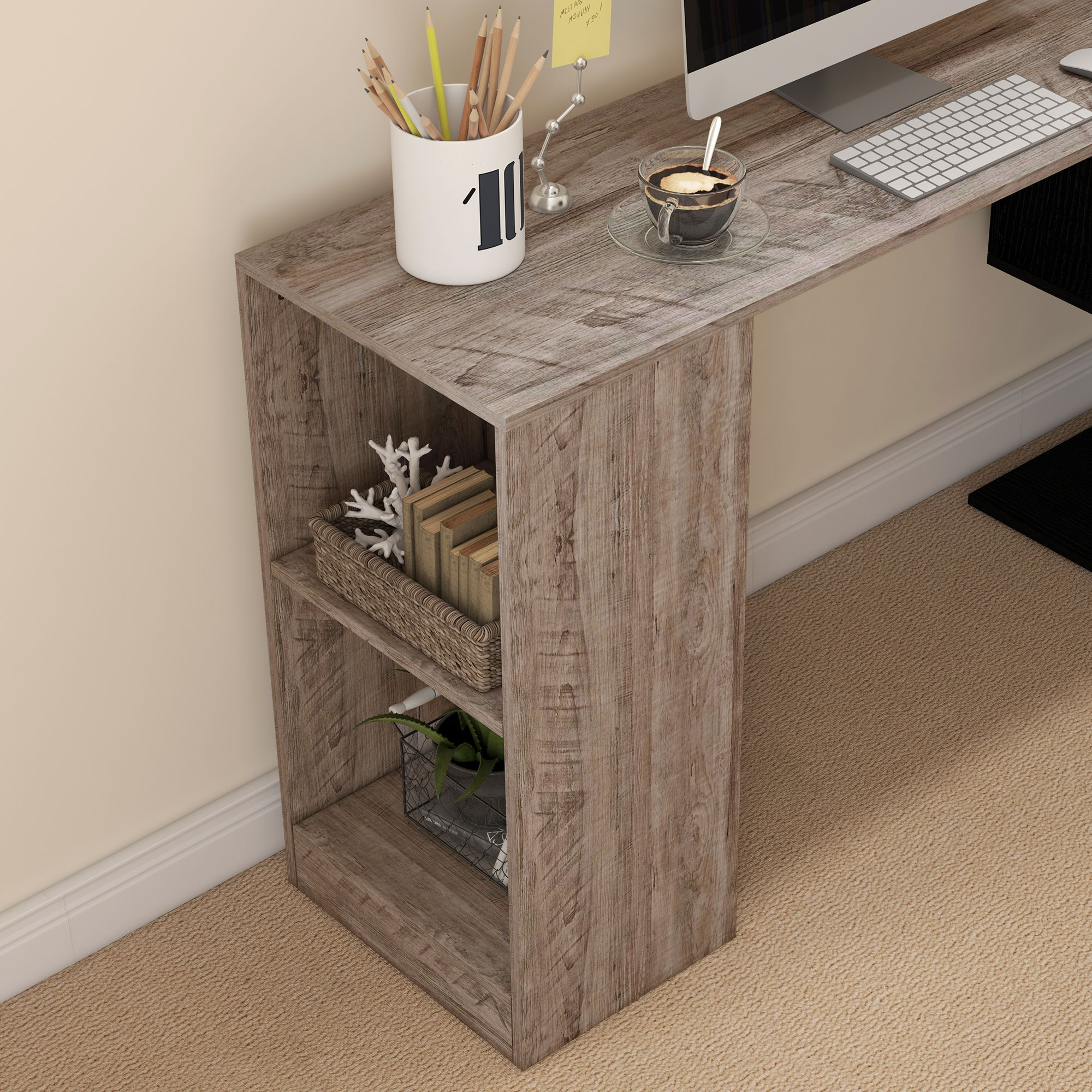  Birou de colt compact cu raft in forma de S, din lemn, 140x120x78 cm, gri cu aspect de lemn [8]