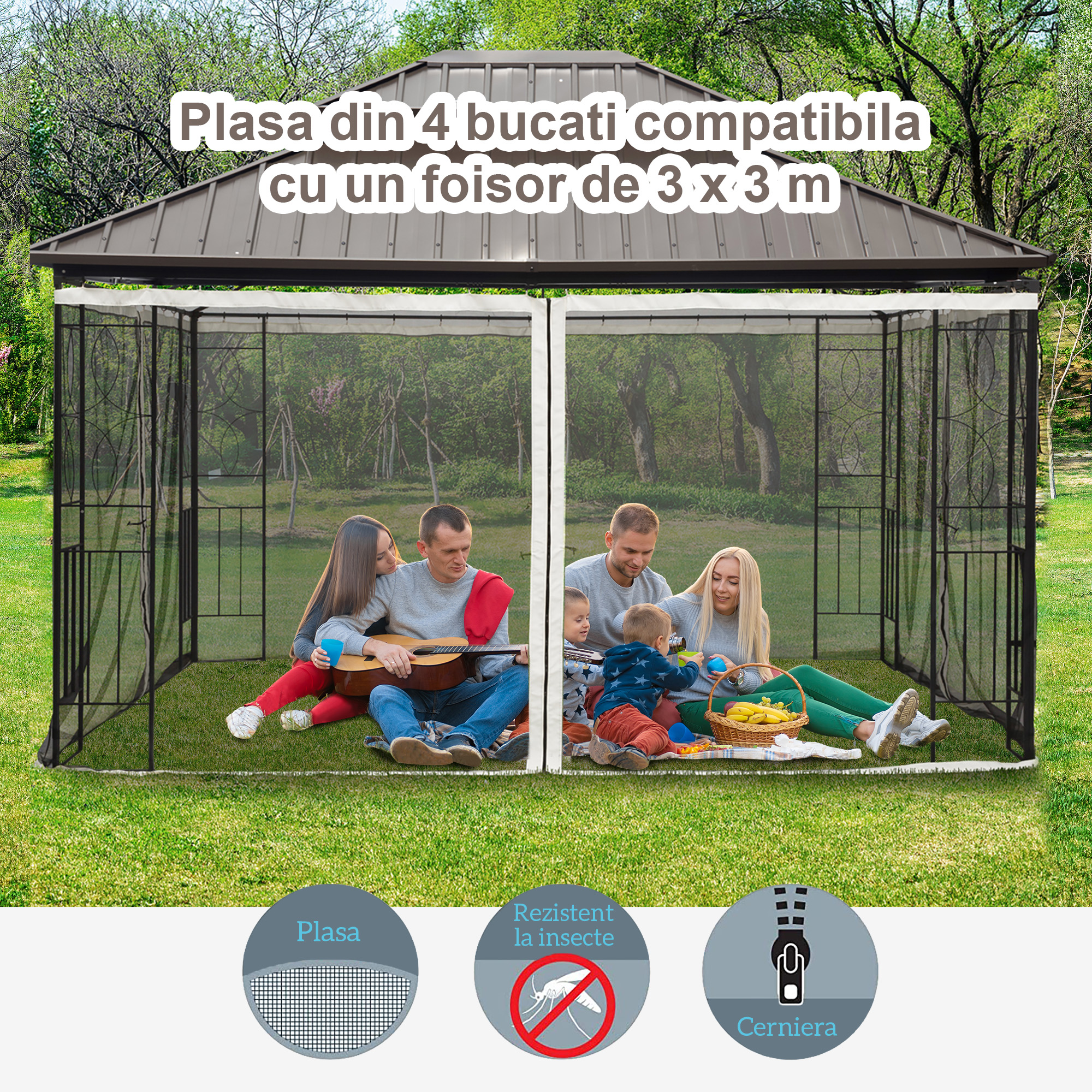  Plasa de Tantari pentru Corturi cu Perdele de Rezerva Universale cu Balamale, 335x207cm - Negru / Bej [3]