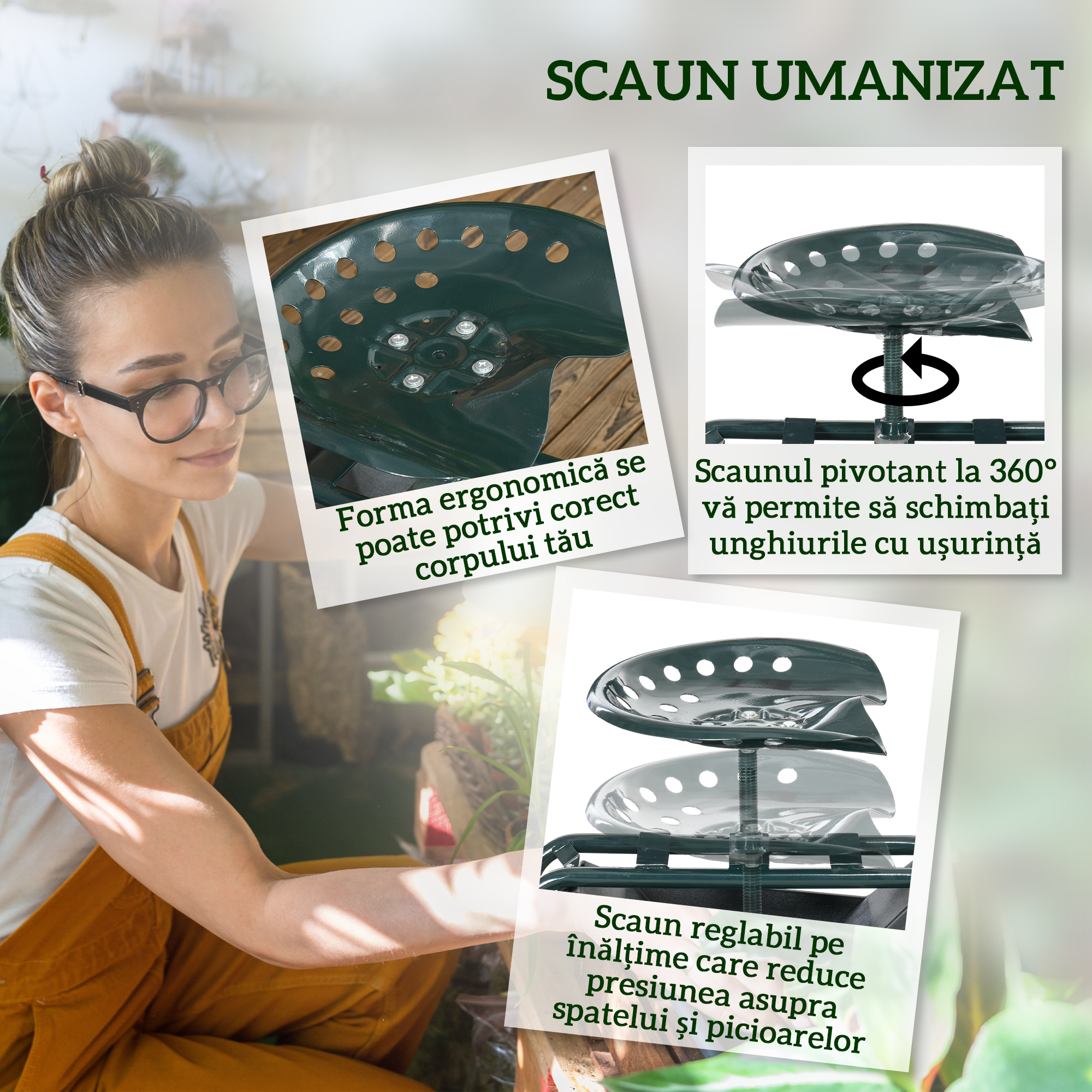  Carucior de gradina cu scaun reglabil si tava inferioara, din otel si PP, 83x36.5x45-60 cm, verde inchis [3]