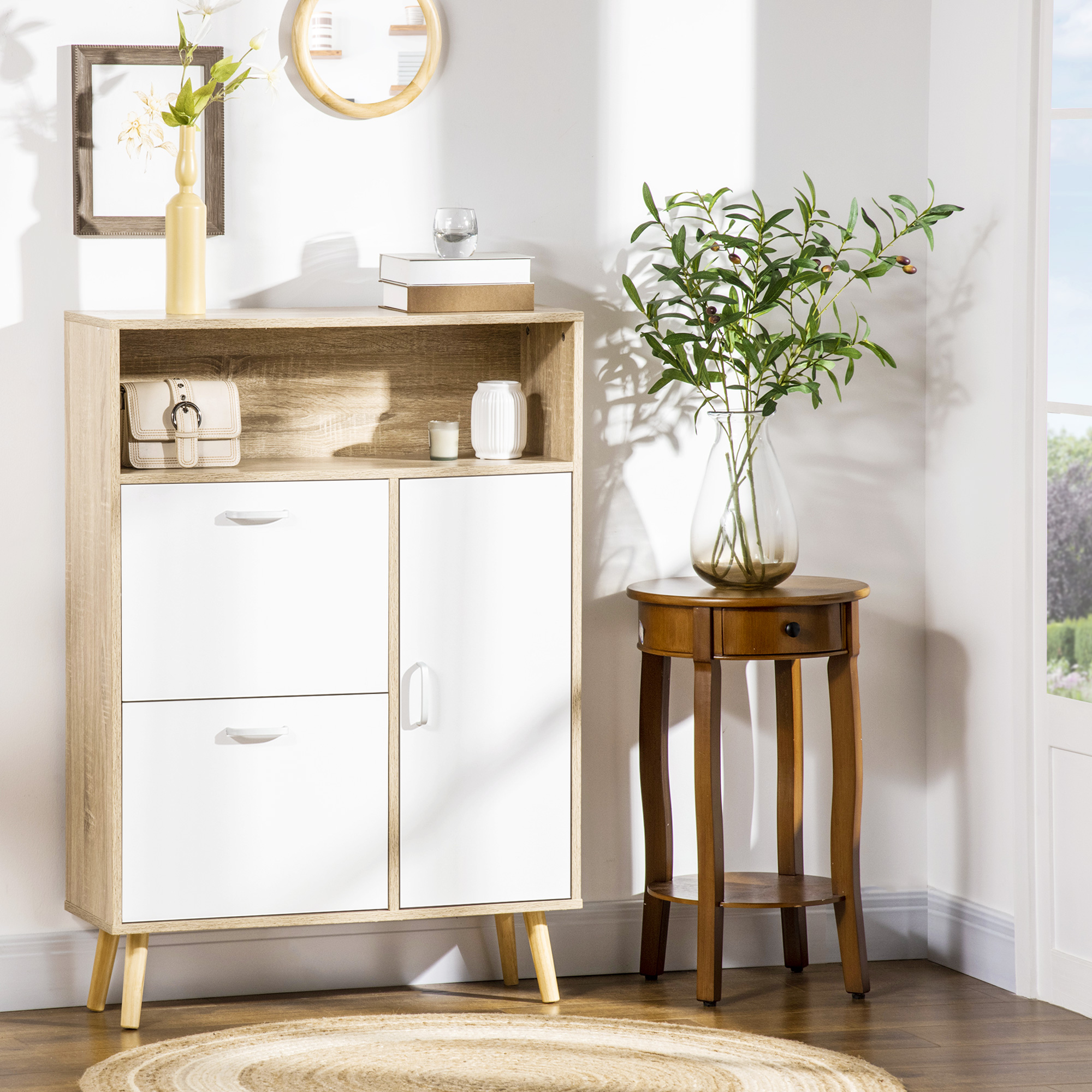  Pantofar cu 2 usi rabatabile si dulap, reglabil, natural, alb [1]