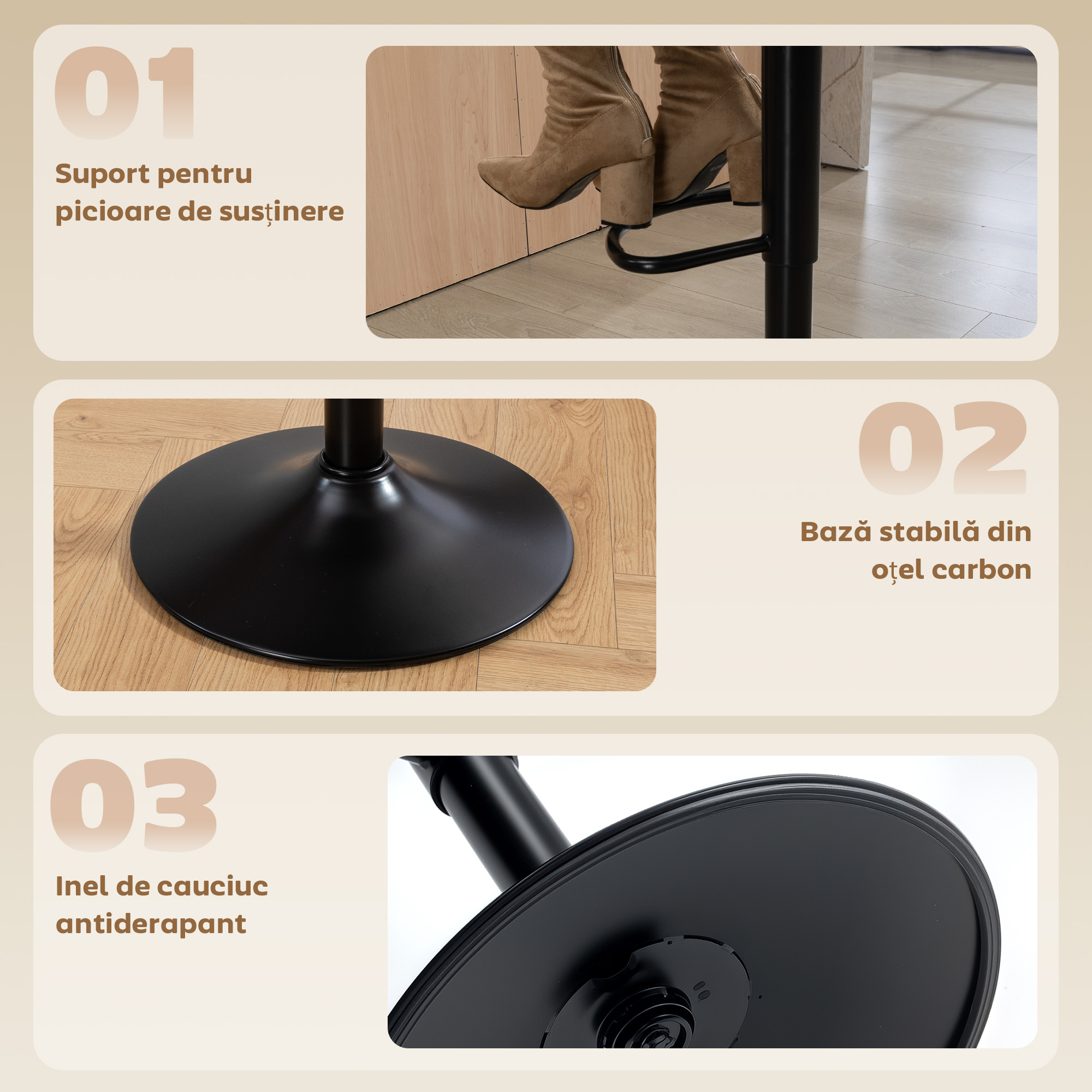  Set 2 Scaune de Bar Reglabile cu Suport pentru Picioare, din Piele PU si Otel, 39,5x44x88-110 cm, Crem [6]