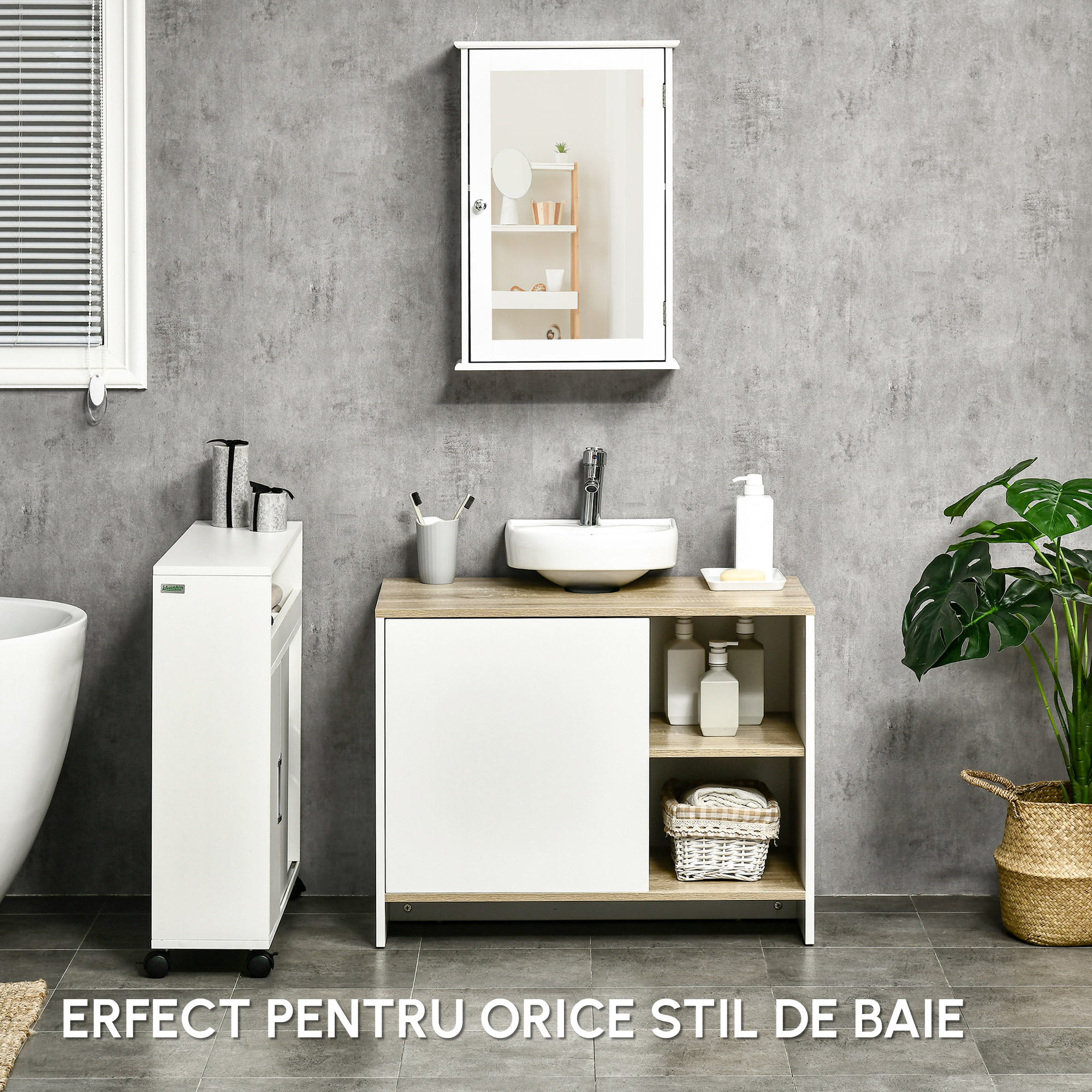  Dulap pentru lavoar pentru baie, 77x45x60cm, alb si culoarea lemnului [5]