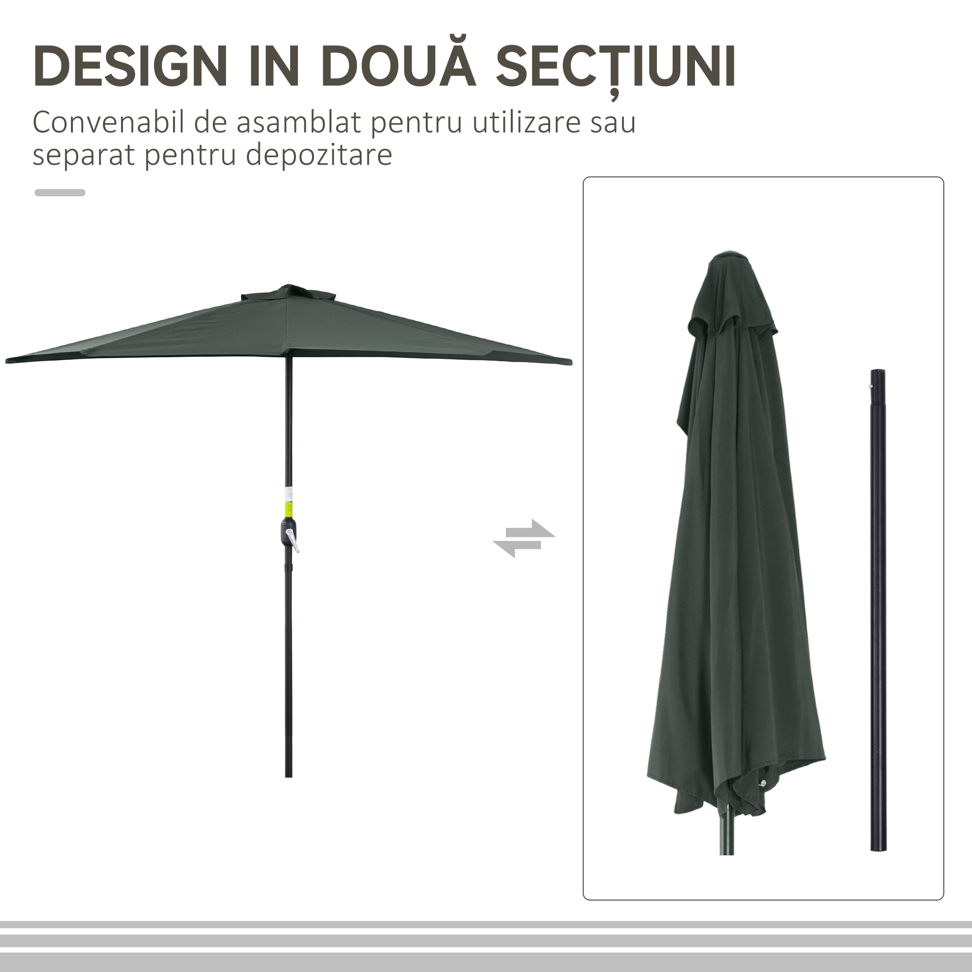  Umbrela Semicirculara de Perete pentru Gradina cu Deschidere cu Manivela din Poliester, Gri 269x138x236cm [7]