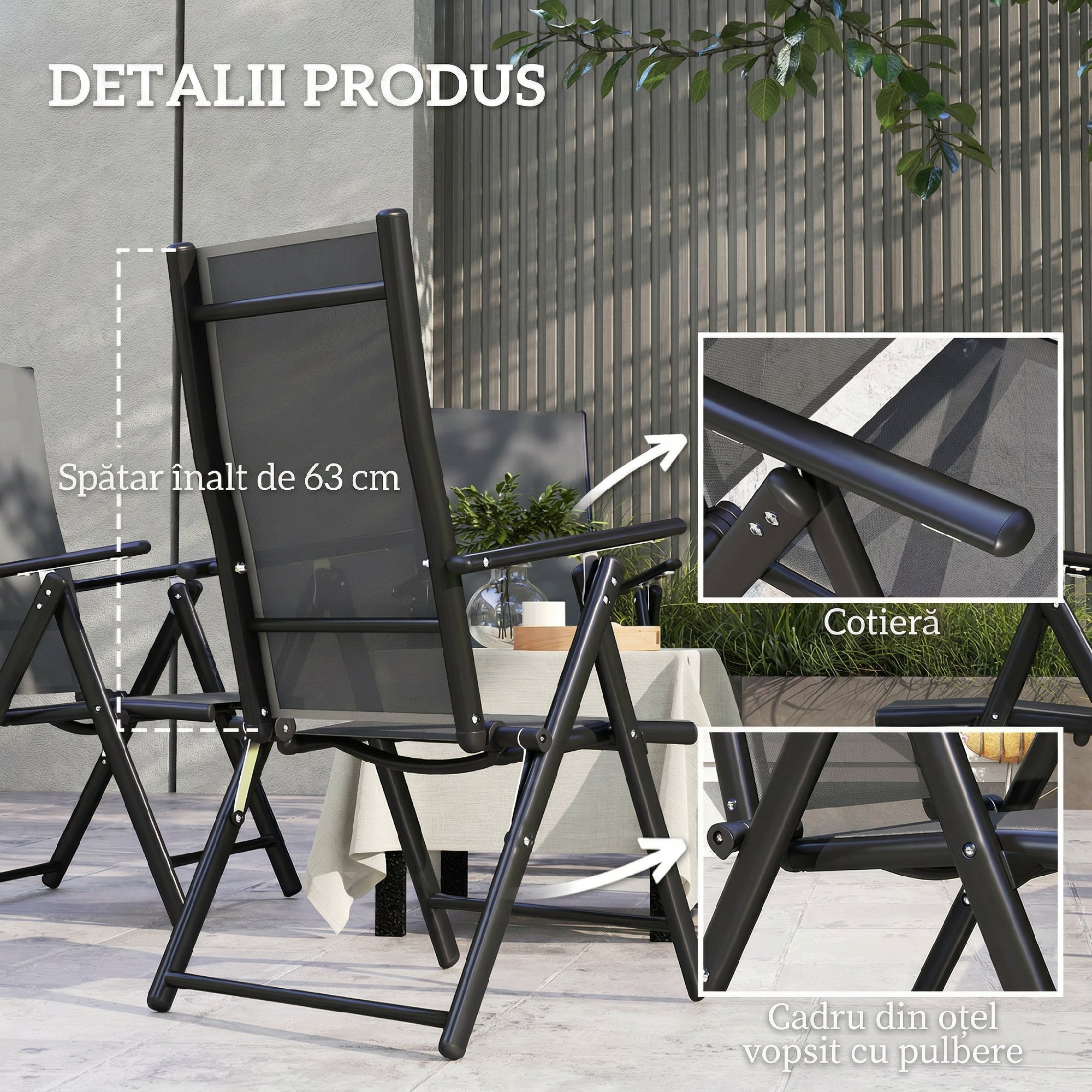  Set 4 Scaune de Gradina Pliabile si Respirabile cu Brate, din Otel si Poliester, 56x69x106 cm, Gri [5]