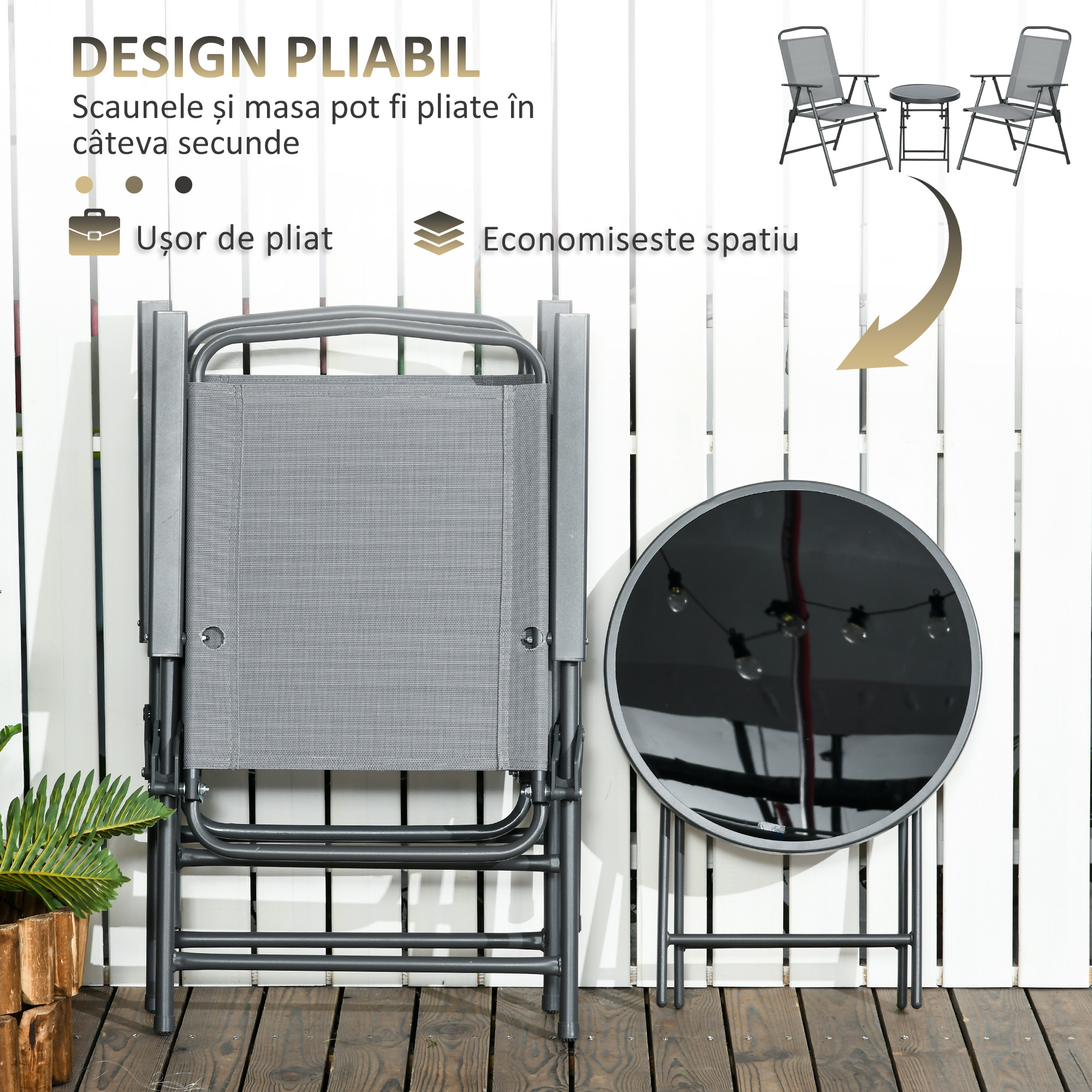  Set de Exterior din 3 Piese cu Masa cu Blat din Sticla si 2 Scaune Pliabile din Plasa, Ф45x50 cm, Gri Deschis [3]