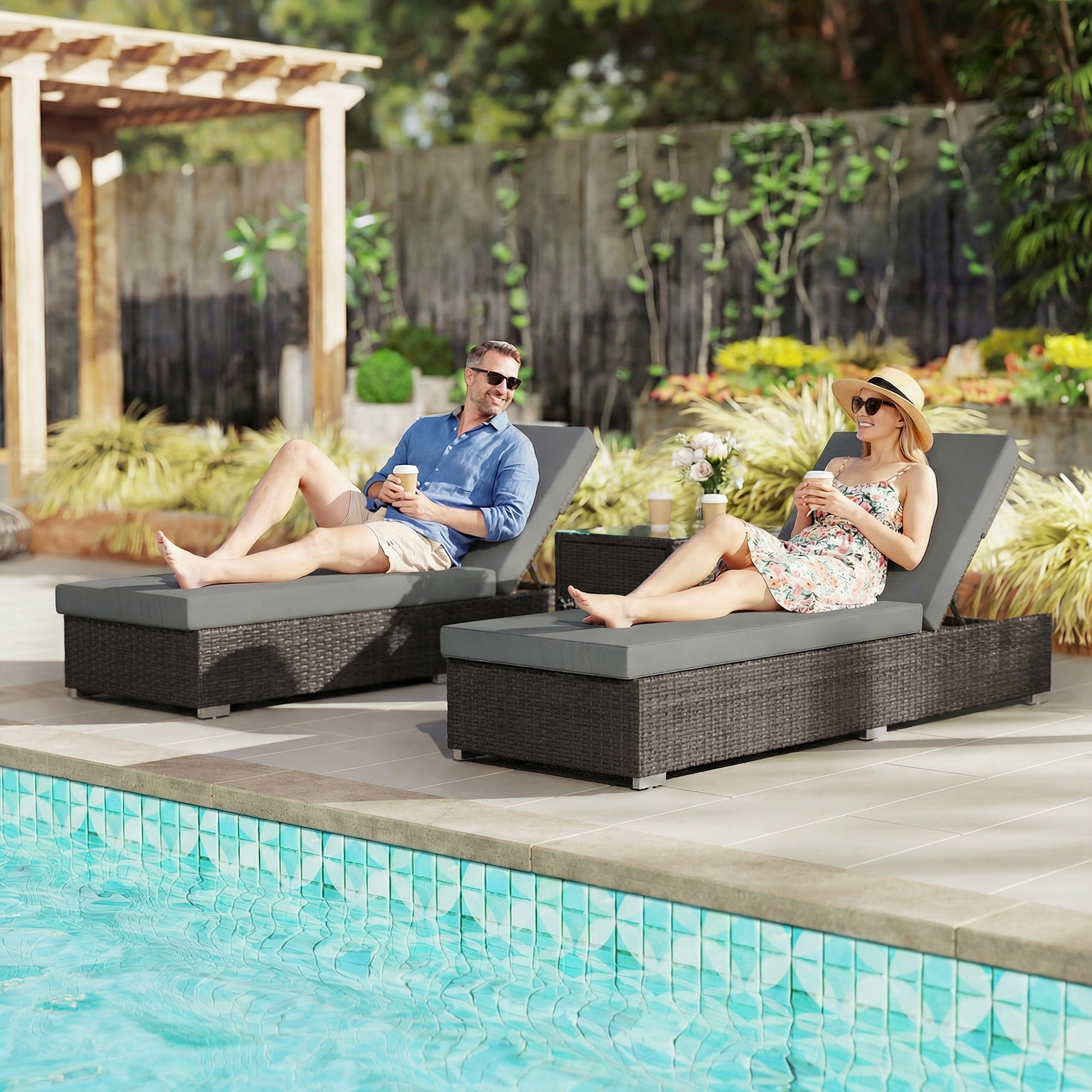  Set 2 sezlonguri de Gradina din Ratan cu Masuta Laterala si Spatar Reglabil, 184x60x22 cm, Gri inchis [1]