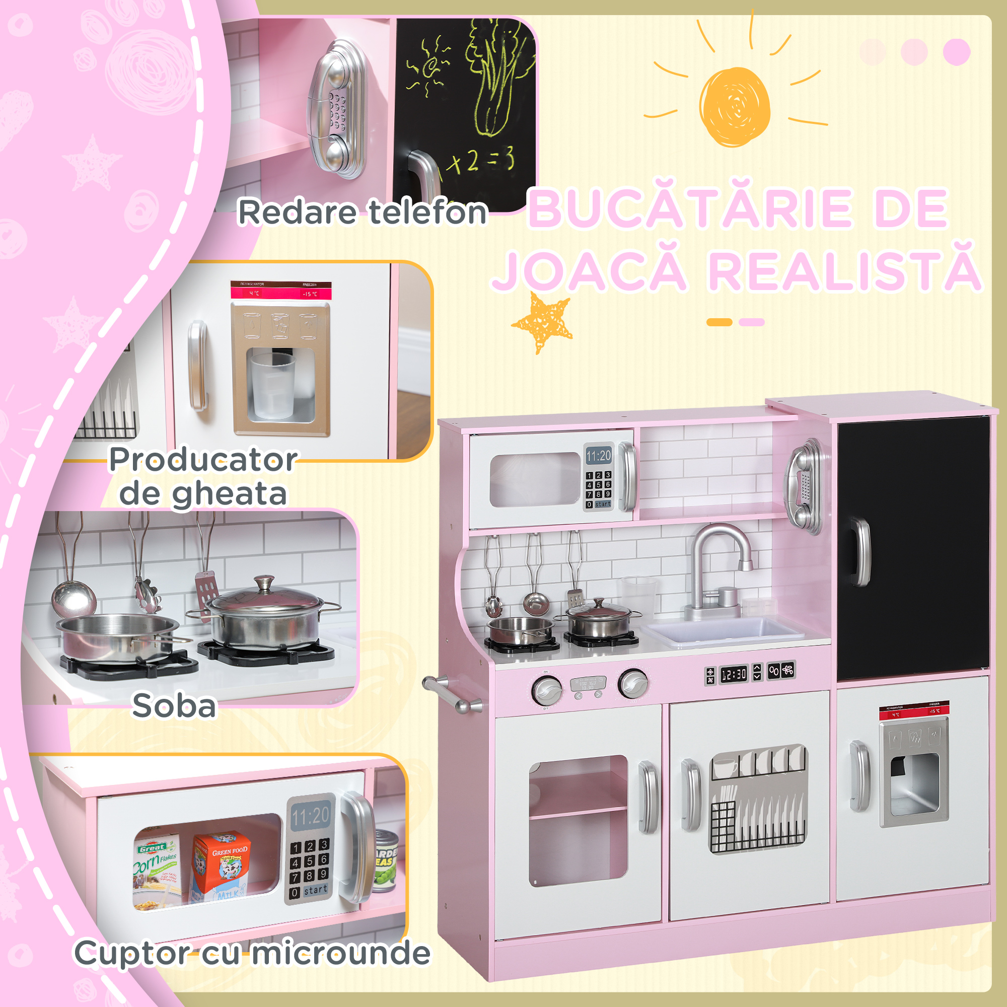  Bucatarie de Jucarie din Lemn pentru Copii 3-8 Ani cu Accesorii Roz [4]