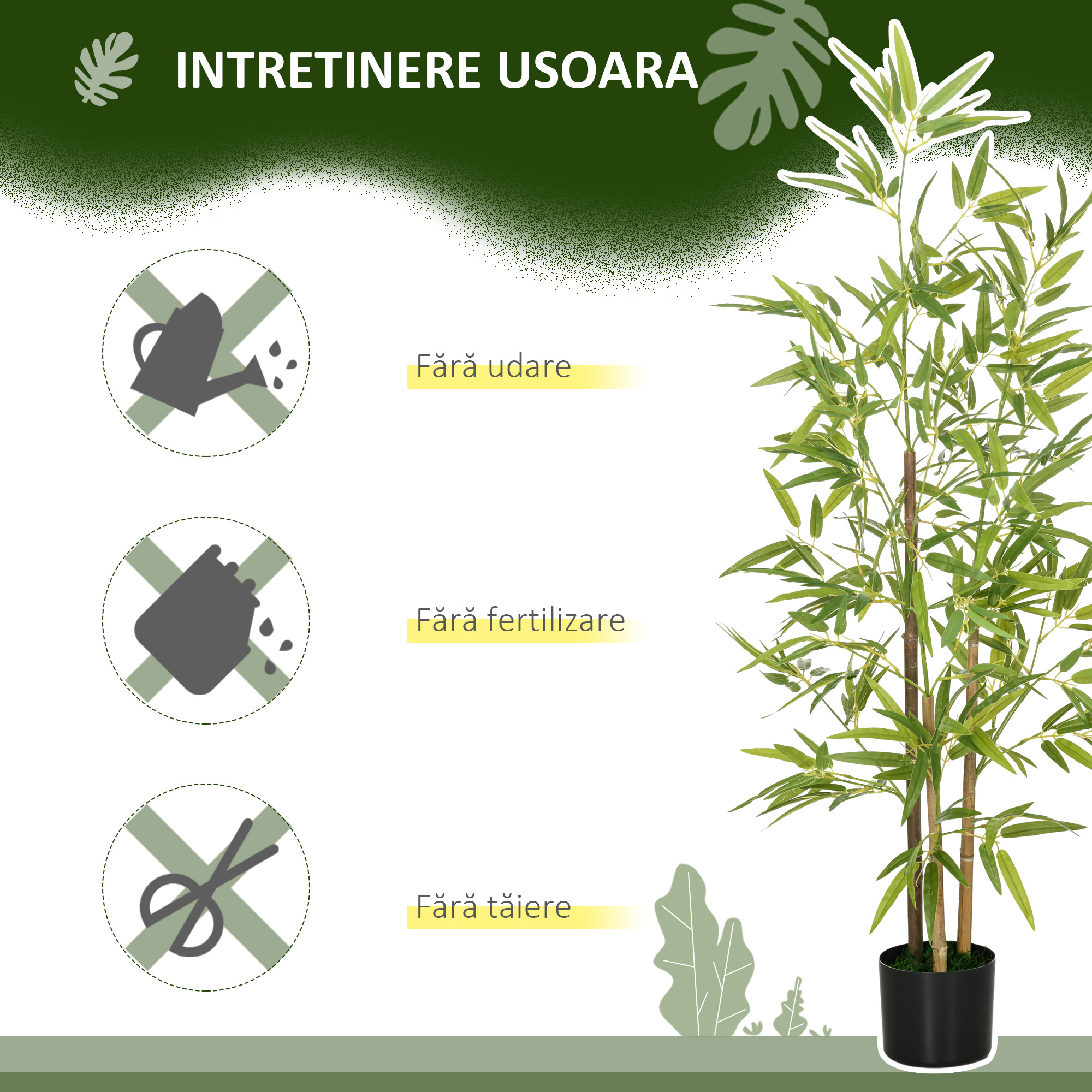  Set Plante Bambus Artificiale cu 3 Trunchiuri cu Ghiveci, Plante Artificiale din PP si Metal, 15x15x120 cm, Verde [5]