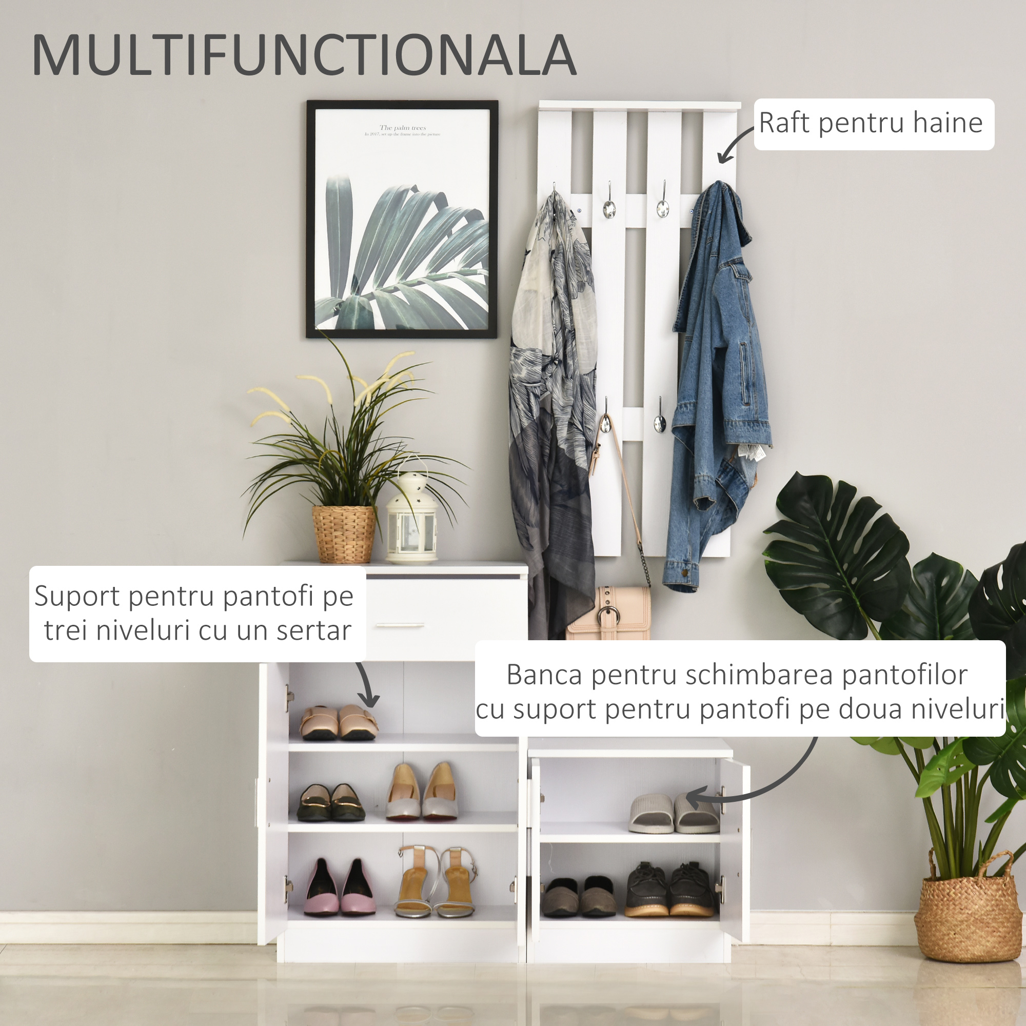  Cuier Hol Lemn Alb - 100×32×187 cm cu Dulap & Rafturi [4]