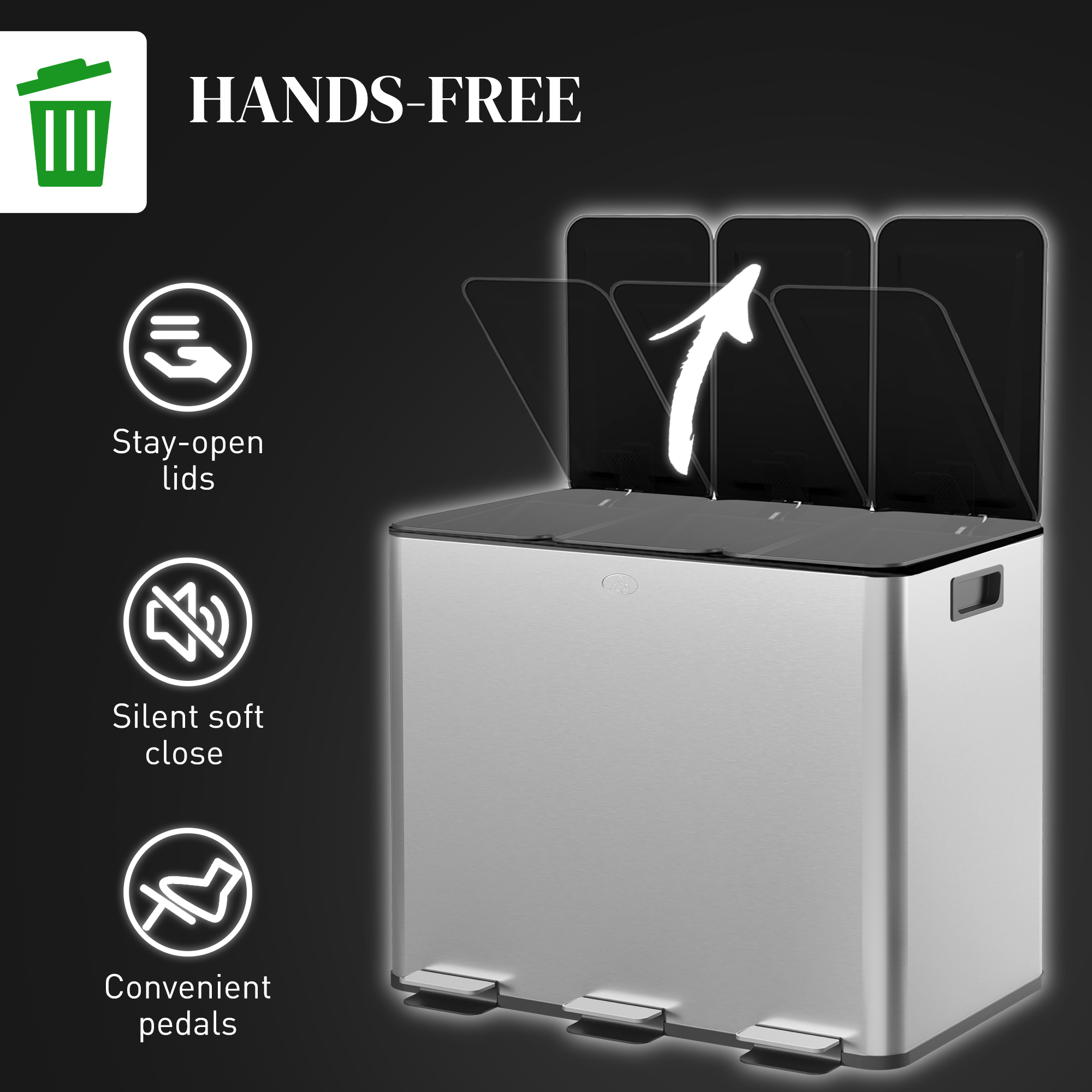  Cos de Gunoi cu 3 Compartimente de 20L cu Pedala si Capace Silentioase, 61,9x36,6x56,7 cm, Argintiu [5]