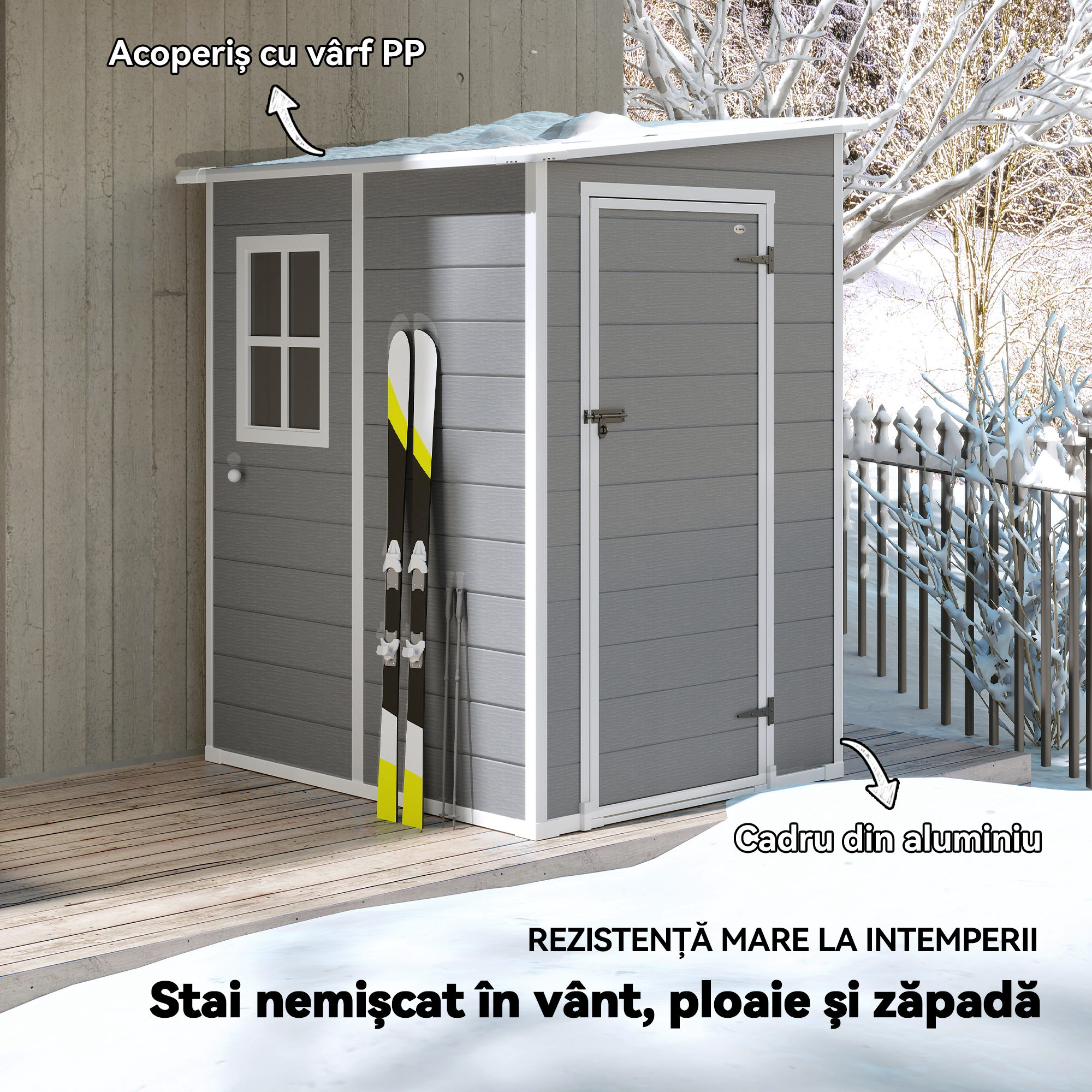  Casuta de Gradina cu Fereastra si Usa Dubla, din PP si Aluminiu, 122x149x192 cm, Gri [5]