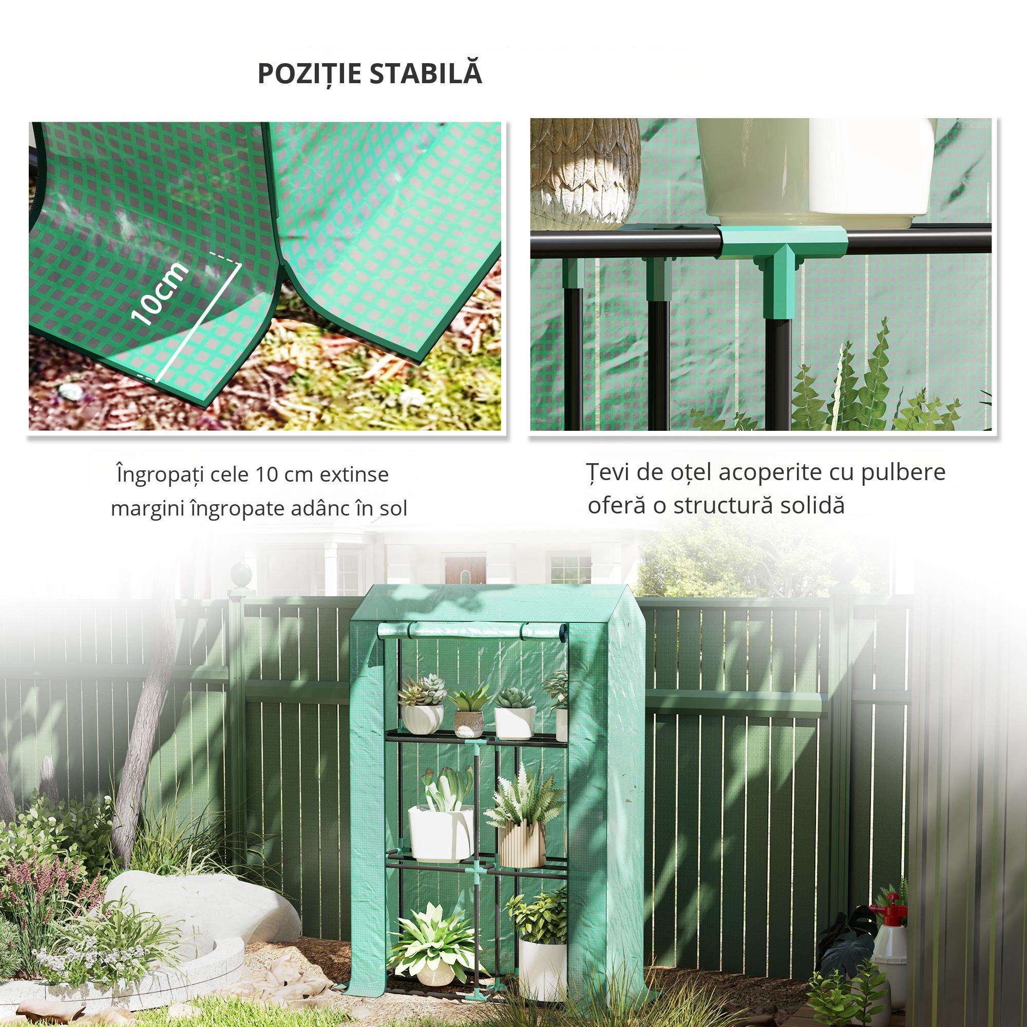  Sera Mini cu 3 Niveluri, Copertina din PE cu Armatura si Usa Rulabila, 100x40x150 cm, Verde [3]