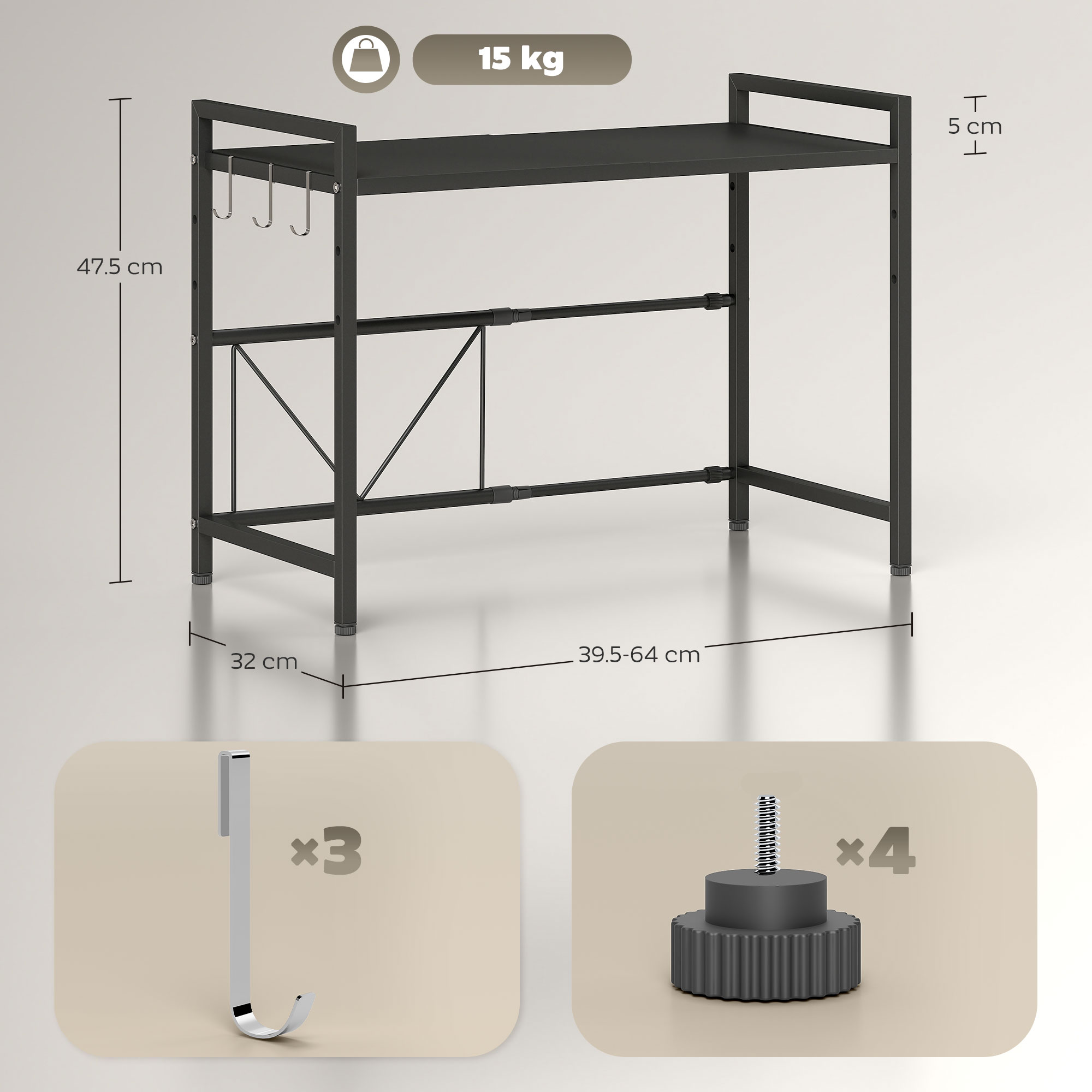  Suport Extensibil pentru Cuptorul cu Microunde cu 2 Nivele si 3 Ganci, din Metal, 39.5-64x32x47.5 cm, Negru [2]