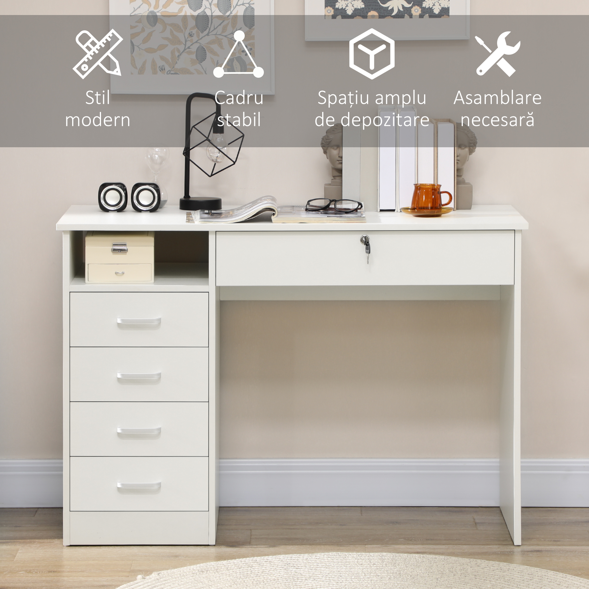  Birou Lemn Alb 110×50×76 cm - 2 Sertare & inchidere cu Cheie [5]