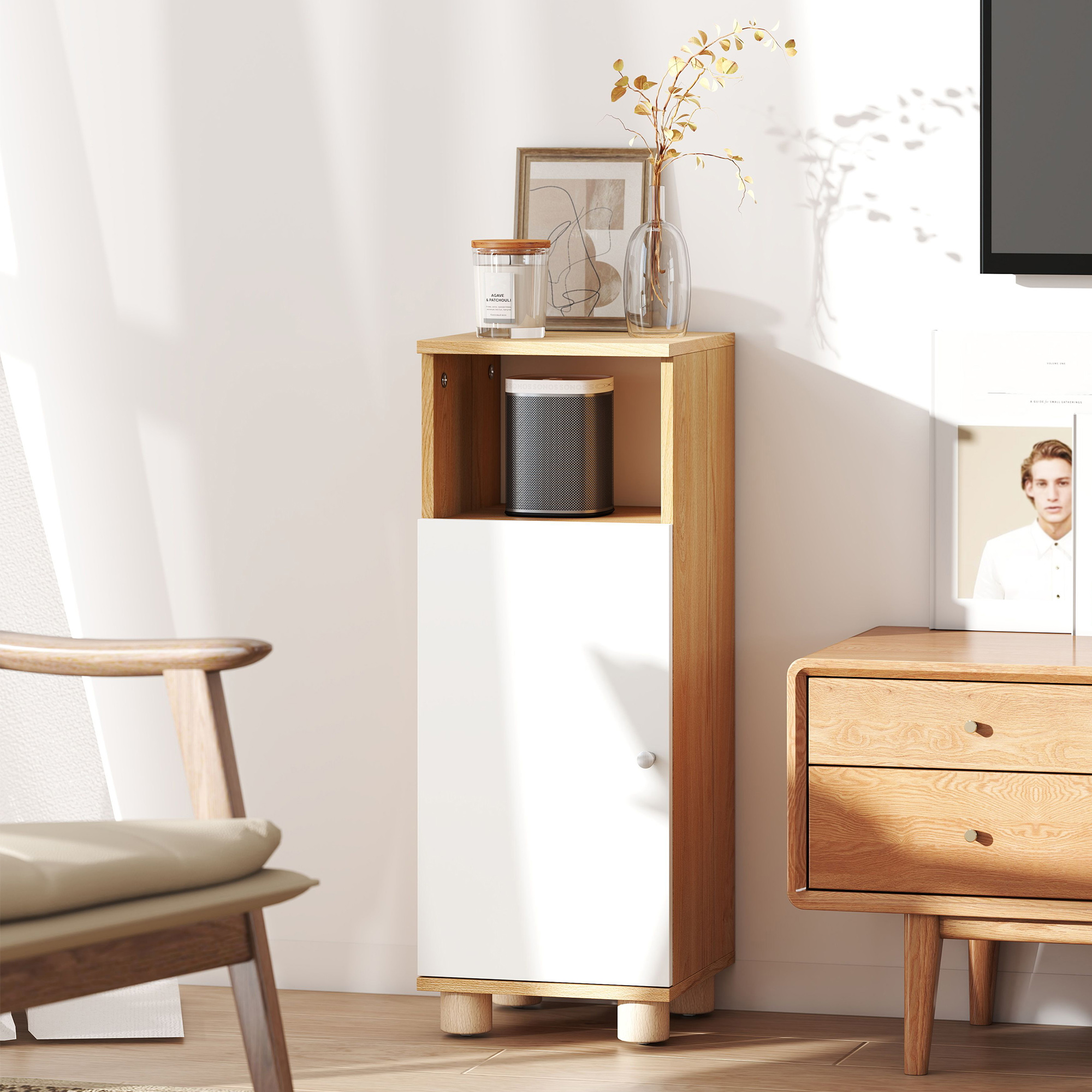  Dulap de Baie cu Dulapior cu 2 Rafturi si Compartiment Deschis, Alb si Lemn [8]