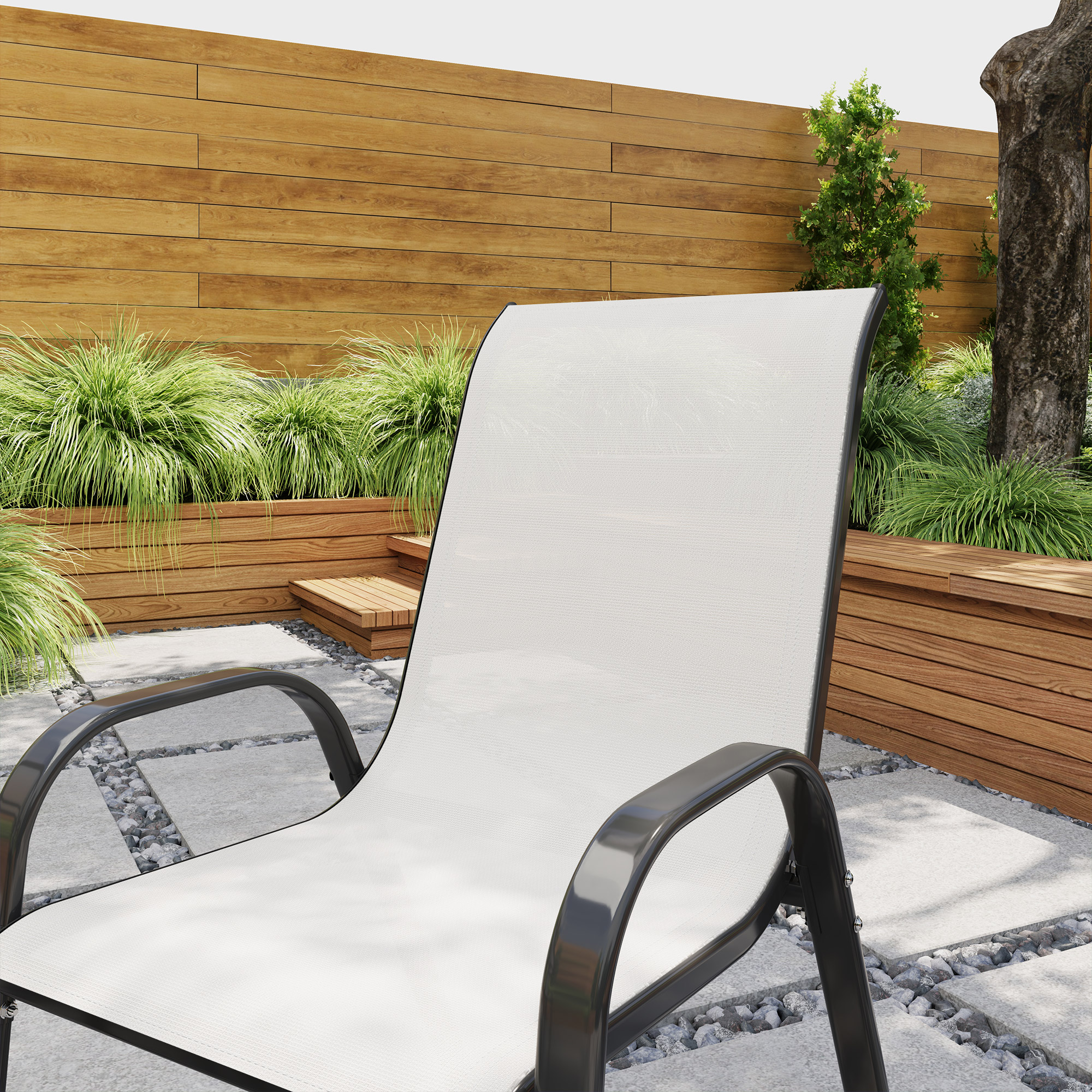  Set de 2 Scaune pentru Pranz in Aer Liber, Scaune Stivuibile cu Spatar inalt, sezut din Plasa Respirabila pentru Gradina, Gri Deschis [6]