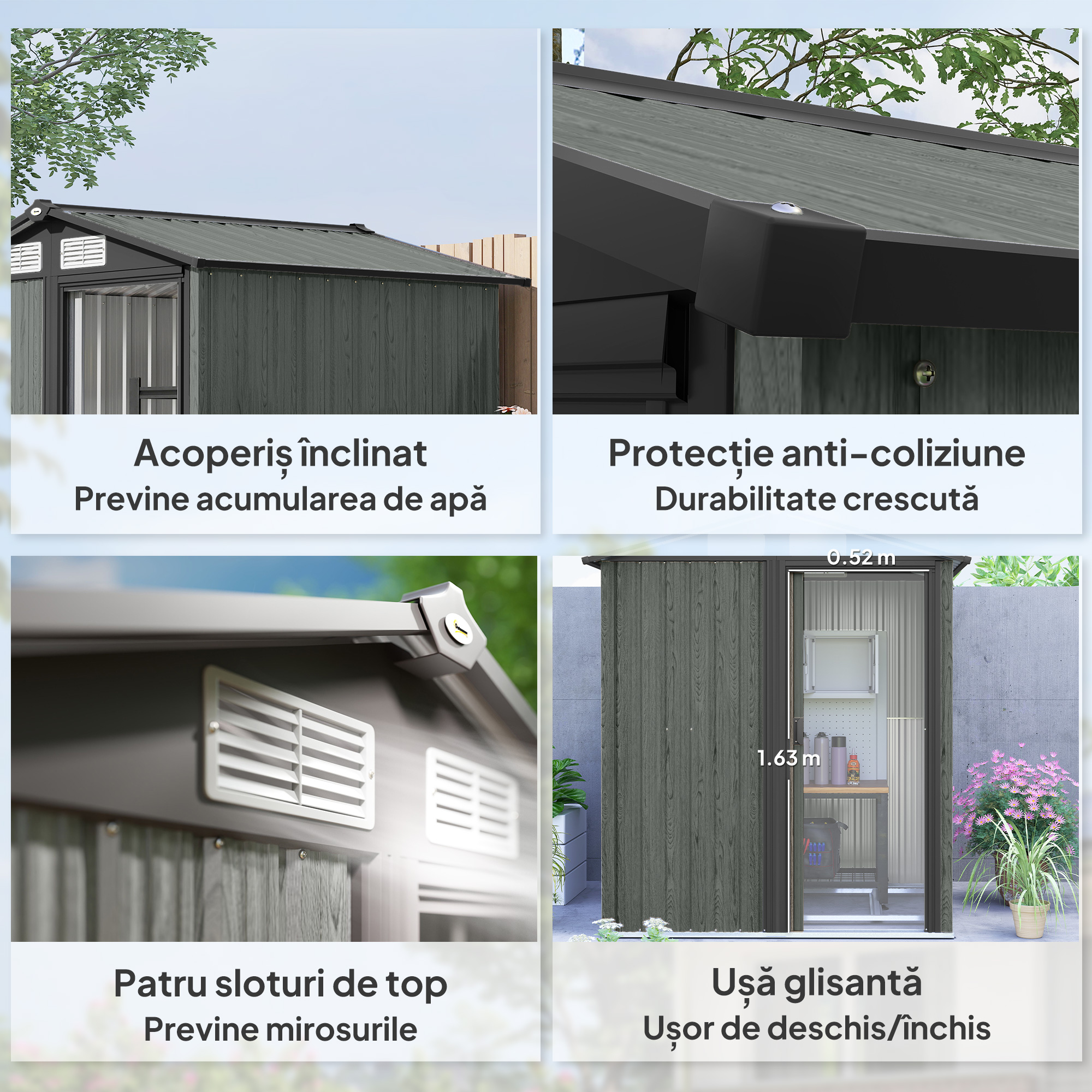  Casuta de Gradina pentru Unelte din Otel cu Acoperis inclinat si 4 Ferestre de Ventilatie, 152x132x188 cm, Gri [5]