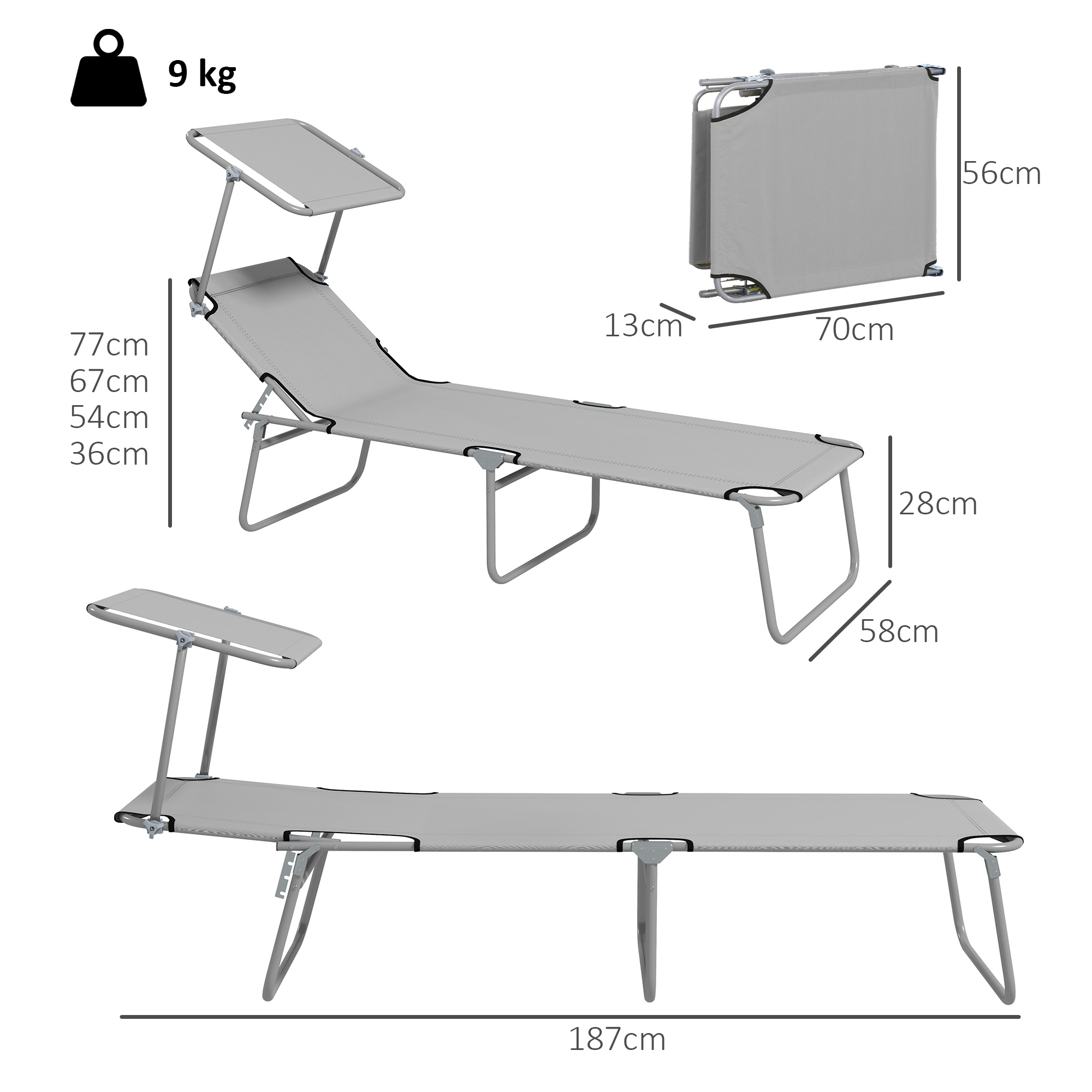 Sezlong pentru Gradina cu Baldachin Reglabil, Sezlong pentru Plaja Pliabil Rabatabil pe 4 Niveluri, Bej [2]