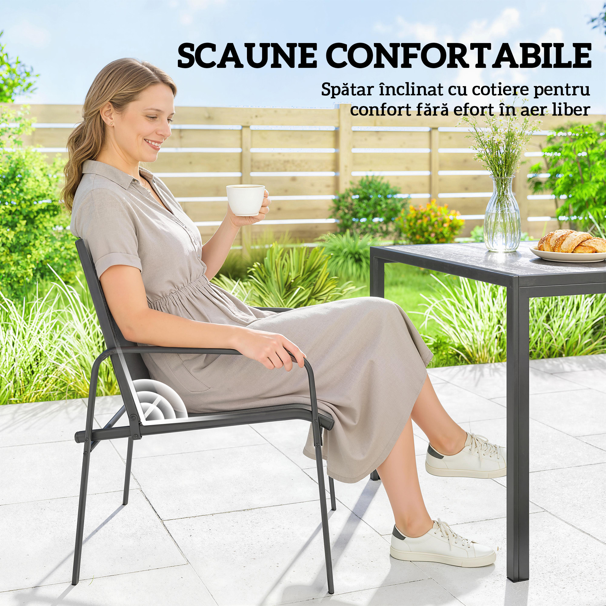  Set de Pranz pentru Exterior, 7 Piese pentru 6 Persoane, Masa cu Efect de Lemn si Scaune cu sezut Respirabil, Set Mobilier de Gradina cu Cadru din Otel Galvanizat, Negru [5]