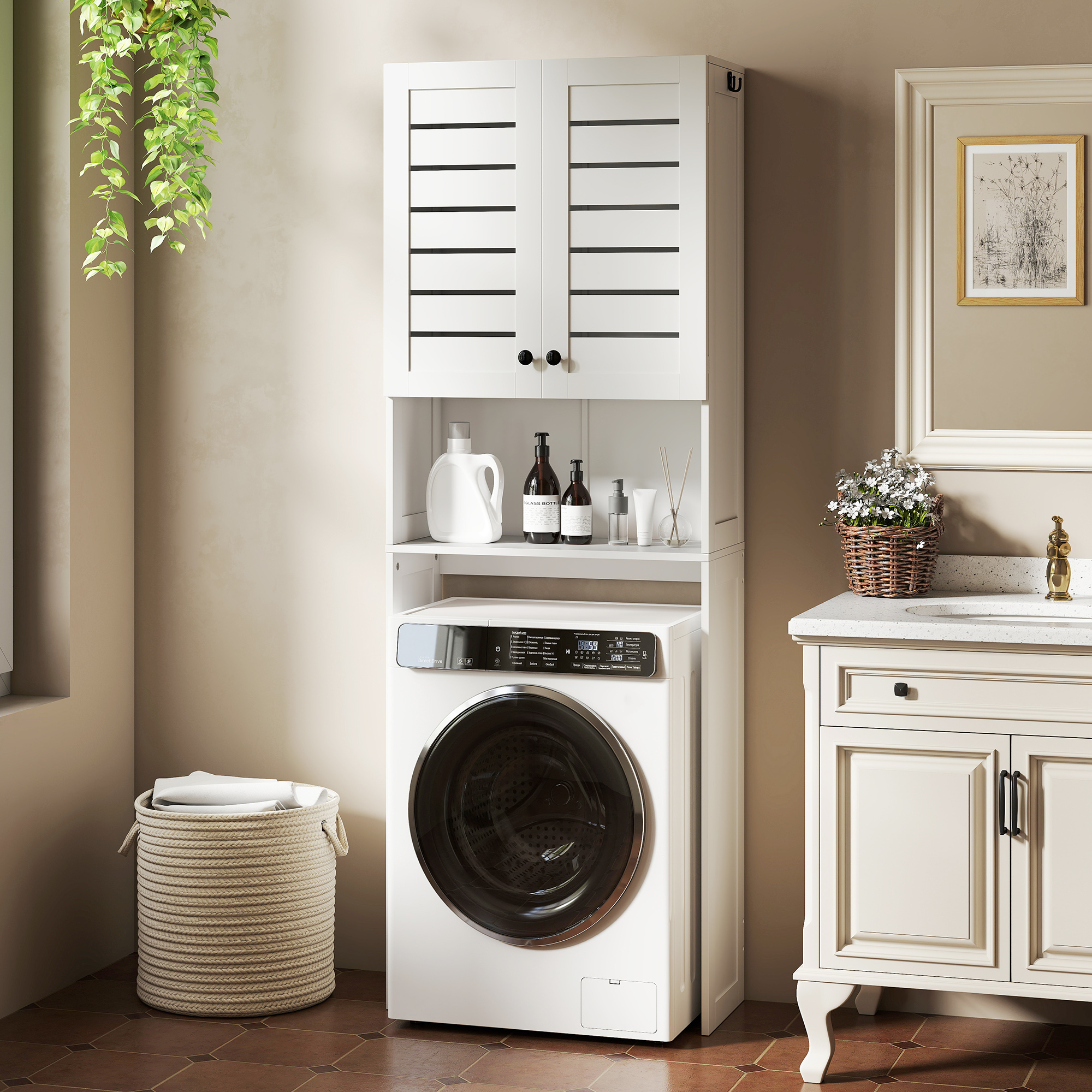  Dulap deasupra WC-ului cu Dulap cu 2 Usi si Raft Deschis, din Lemn Alb, 67x31.5x190 cm [7]