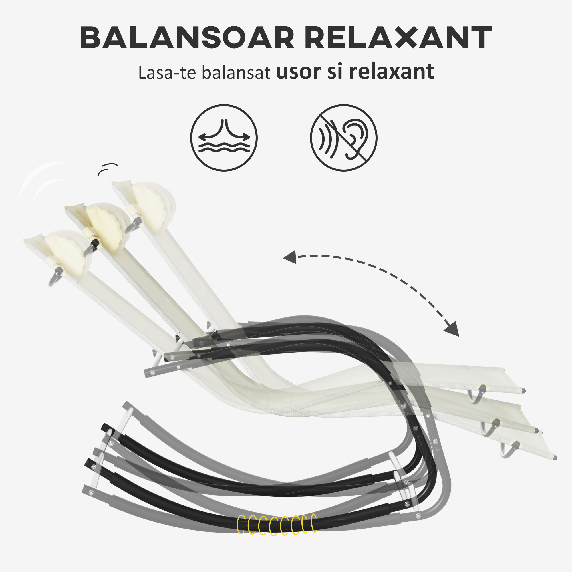  Scaun Balansoar de Gradina din Otel cu Cotiere si Tetiera Detasabile, 67x144x87 cm, Gri si Bej [3]