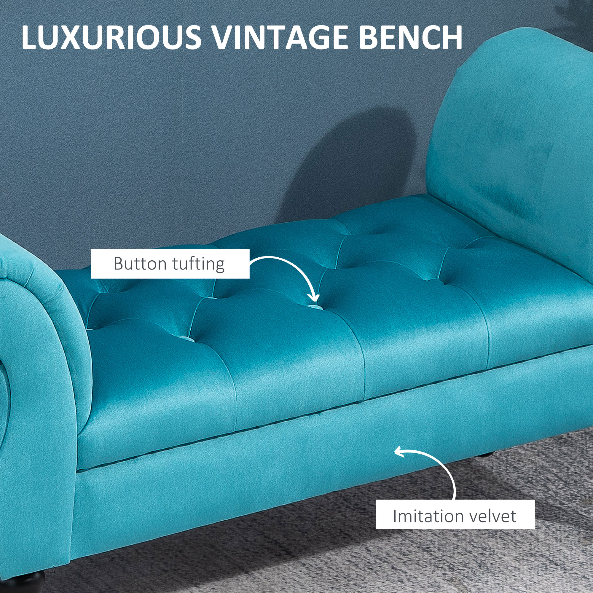  Chaise Captusita Stil Vintage cu Cotiere Tapitate si Cadru din Lemn, Albastru deschis 117x40x58Hcm [4]