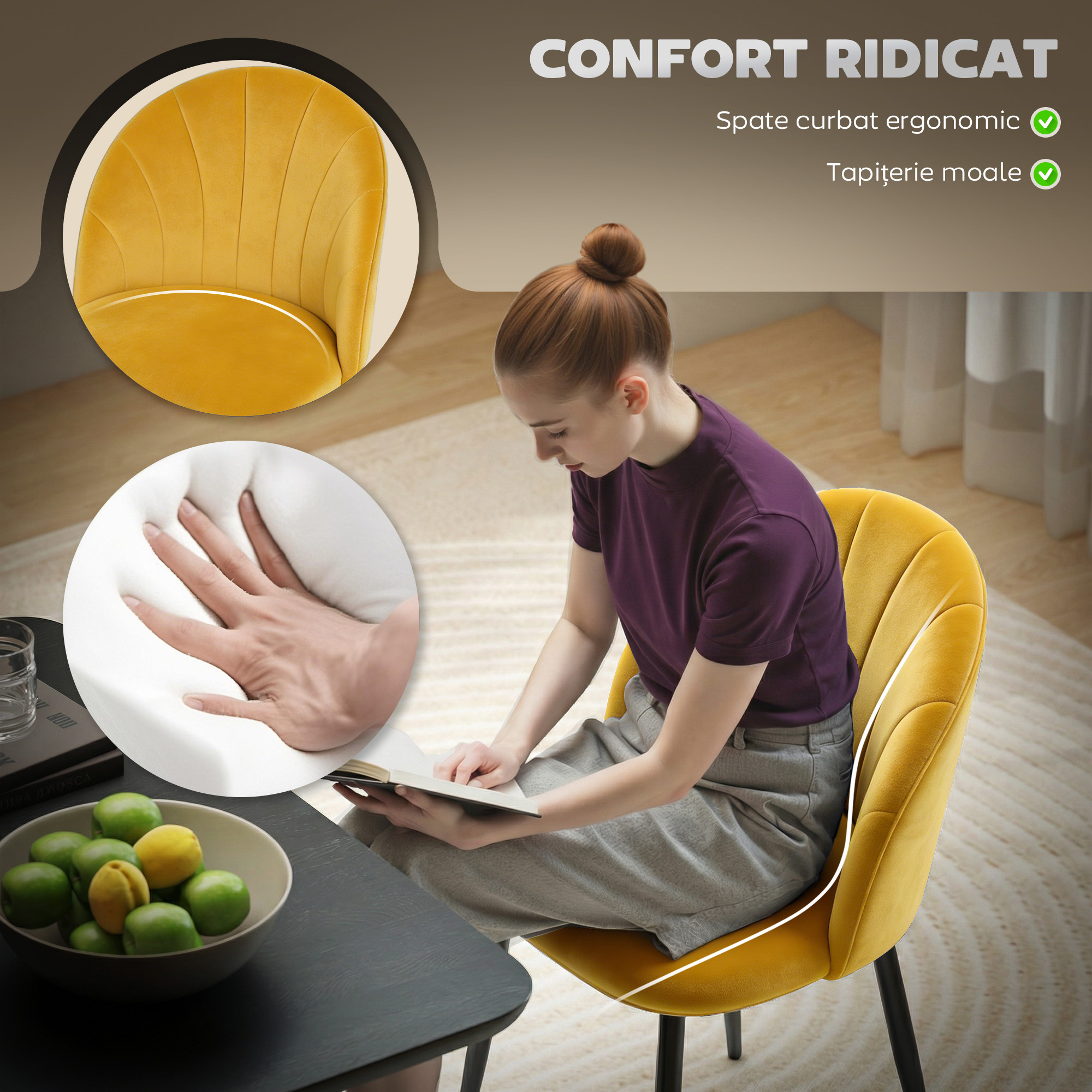  Set de 2 Scaune pentru Sufragerie din Catifea, Scaune pentru Bucatarie cu Spatar Curbat in Forma de Scoica, Picioare din Otel, Stil Nordic, Scaune Captusite pentru Bucatarie, Dormitor, Living, Galben [5]