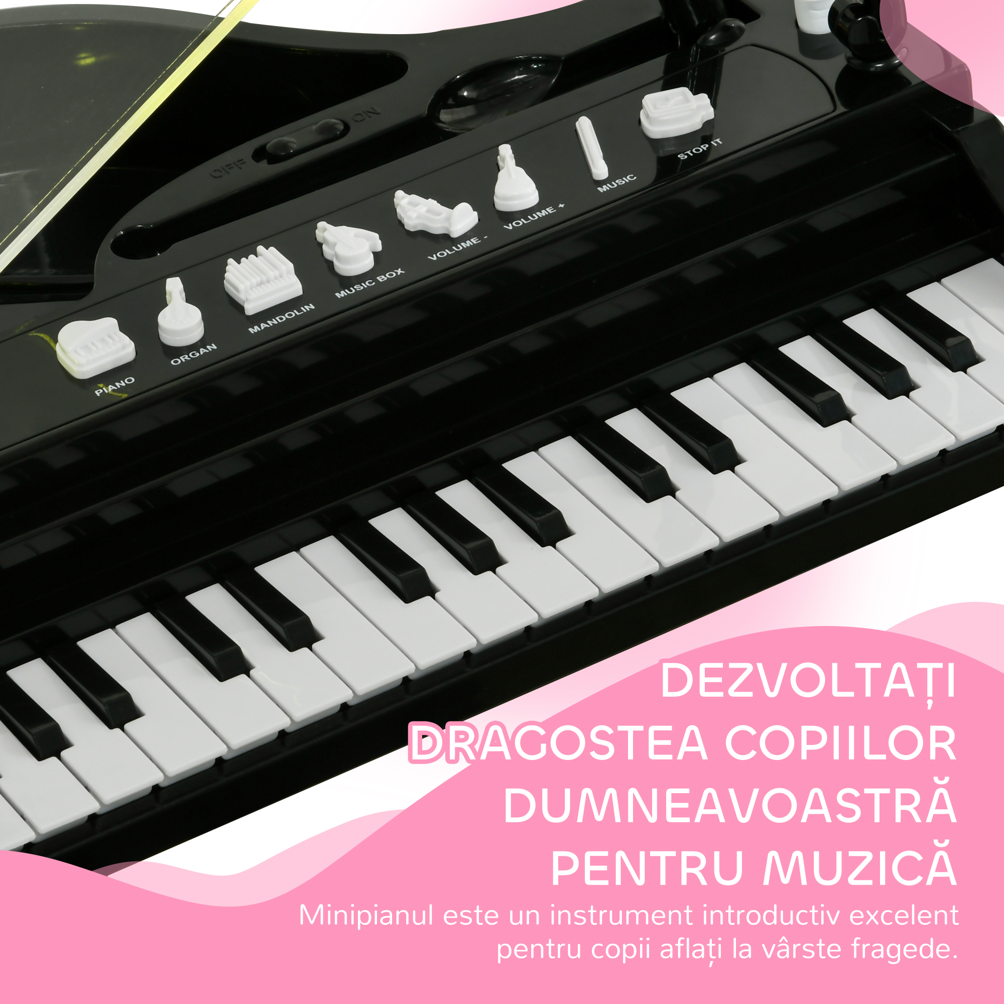  Pian pentru Copii cu Scaunel, Microfon si Muzica, 37x30.5x60.4 cm, Negru [5]