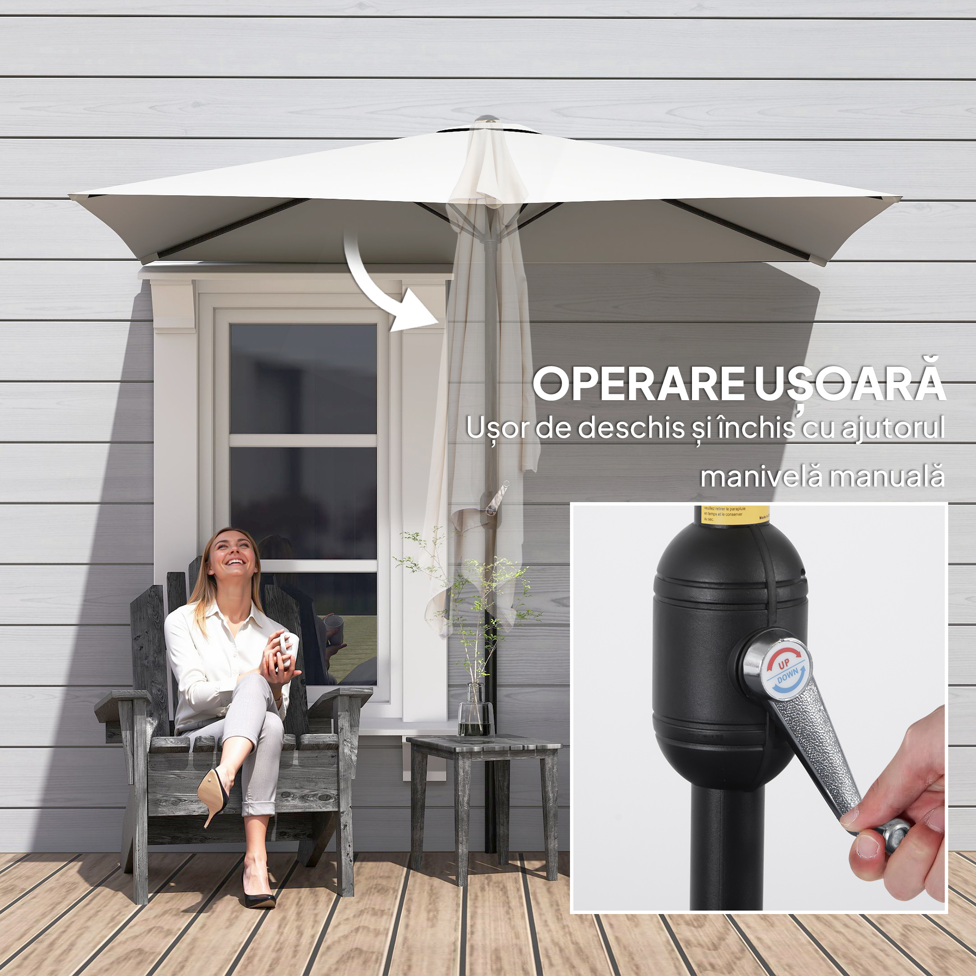  Umbrela de perete semiluna economisitoare de spatiu cu deschidere cu manivela, crem [7]