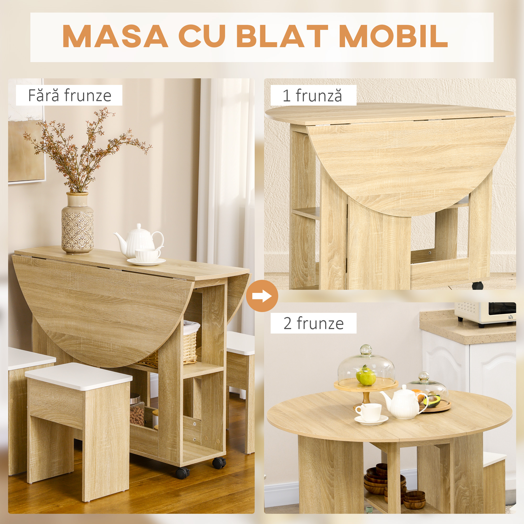  Set Masa si Scaune 5 Piese din PAL, Masa Rotunda cu 2 Rafturi Deschise si 4 Taburete Moderne [4]