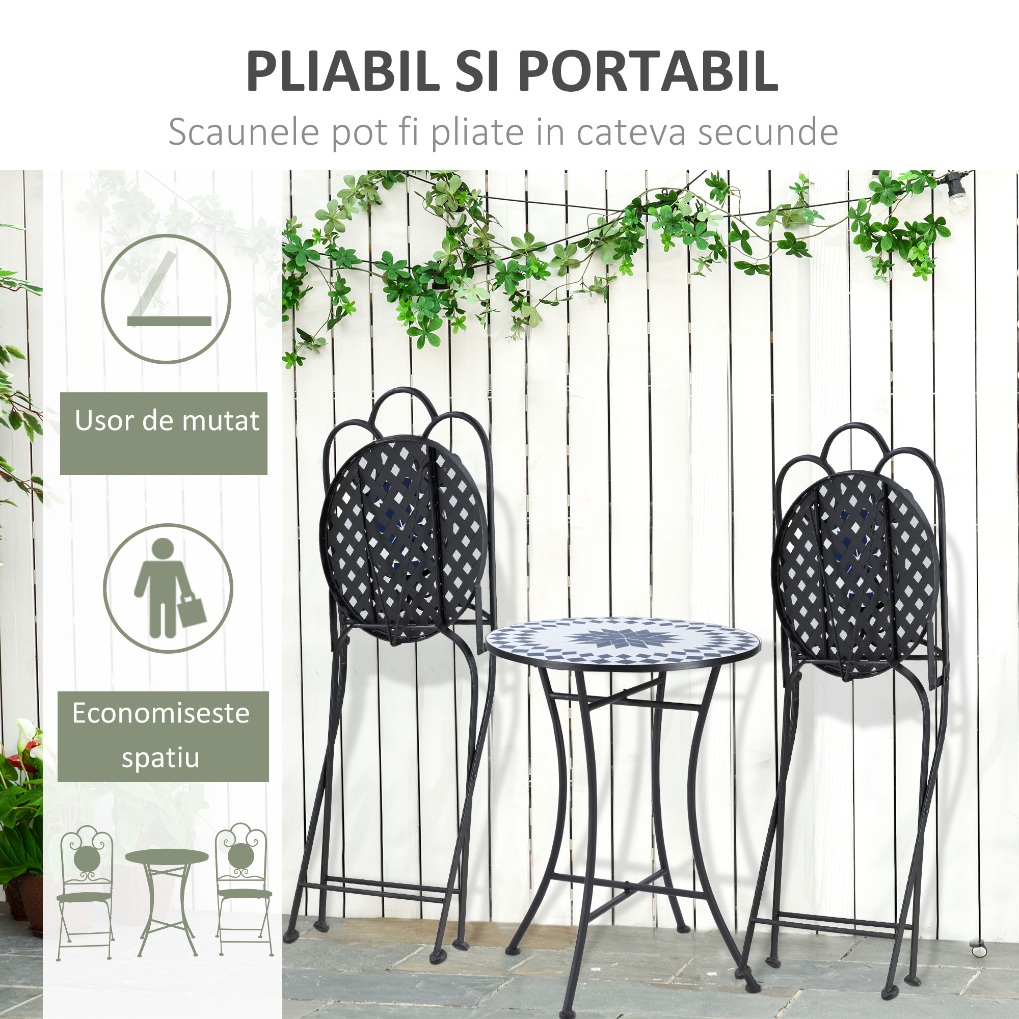  Set de Gradina 3 Piese cu 2 Scaune Pliante si 1 Masuta de Gradina, din Metal si Piatra [3]