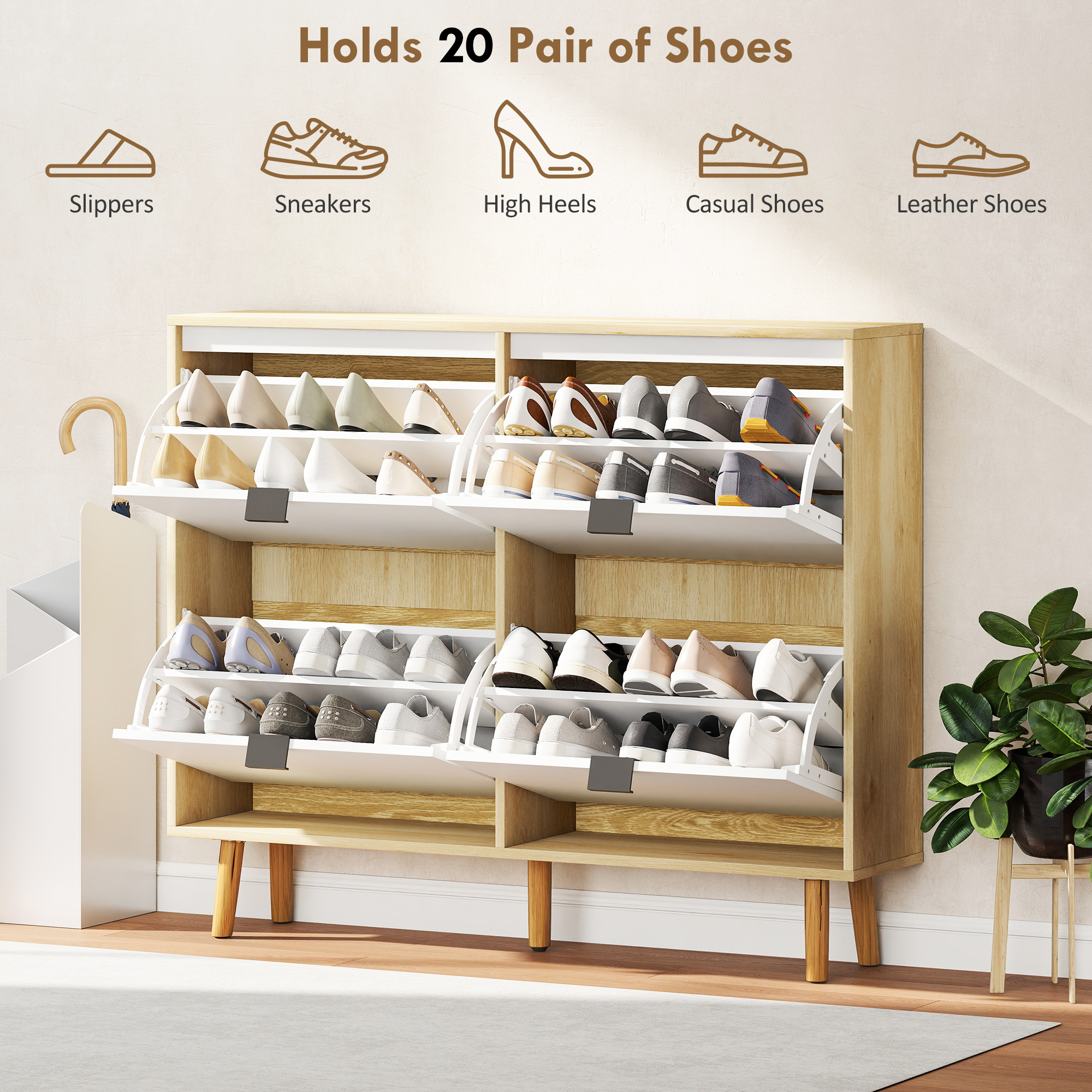  Dulap Slim Modern pentru Pantofi cu 4 Sertare Rabatabile, Capacitate 20 Perechi de Pantofi, 105x24x92.5 cm, Alb [4]