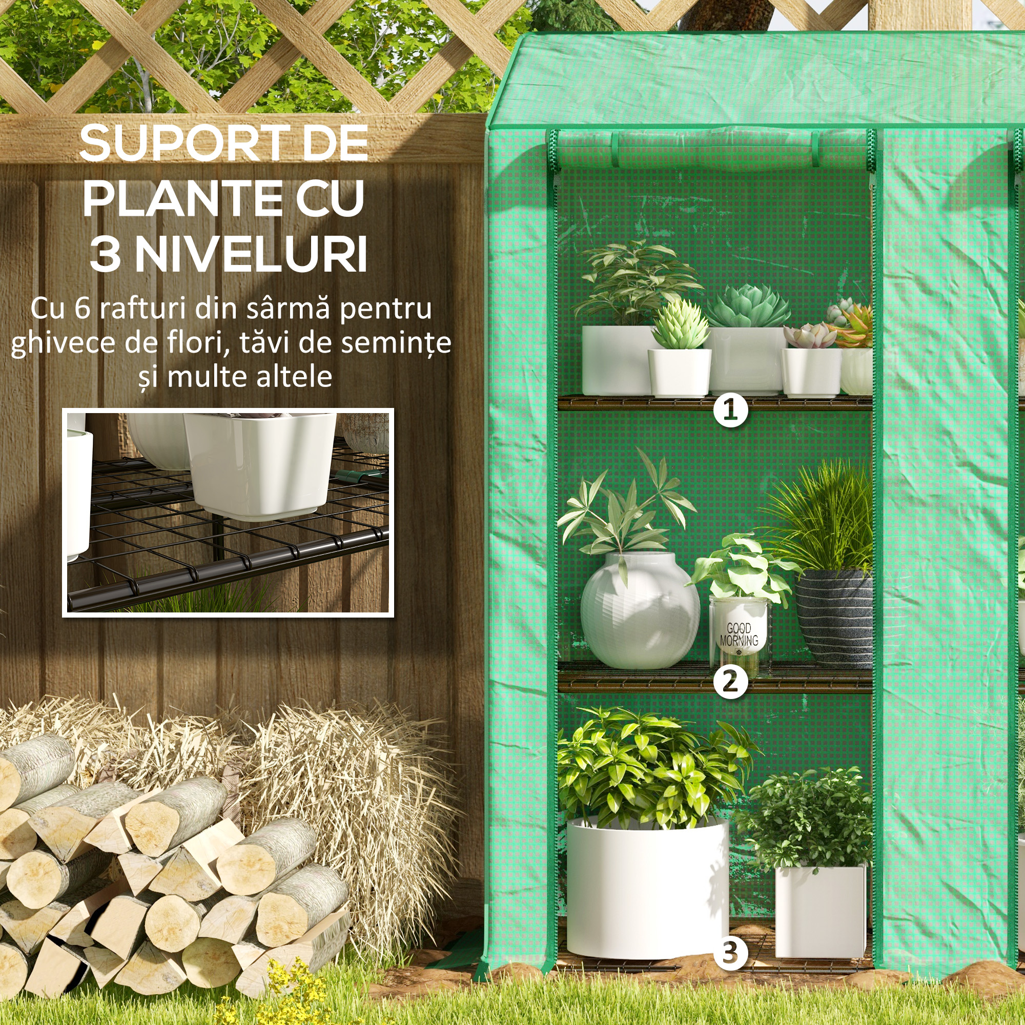  Sera de Gradina cu Copertina din PE, Sera cu Acoperis inclinat, 2 Usi Rulante si 6 Rafturi, 143x46x151cm, Verde [4]