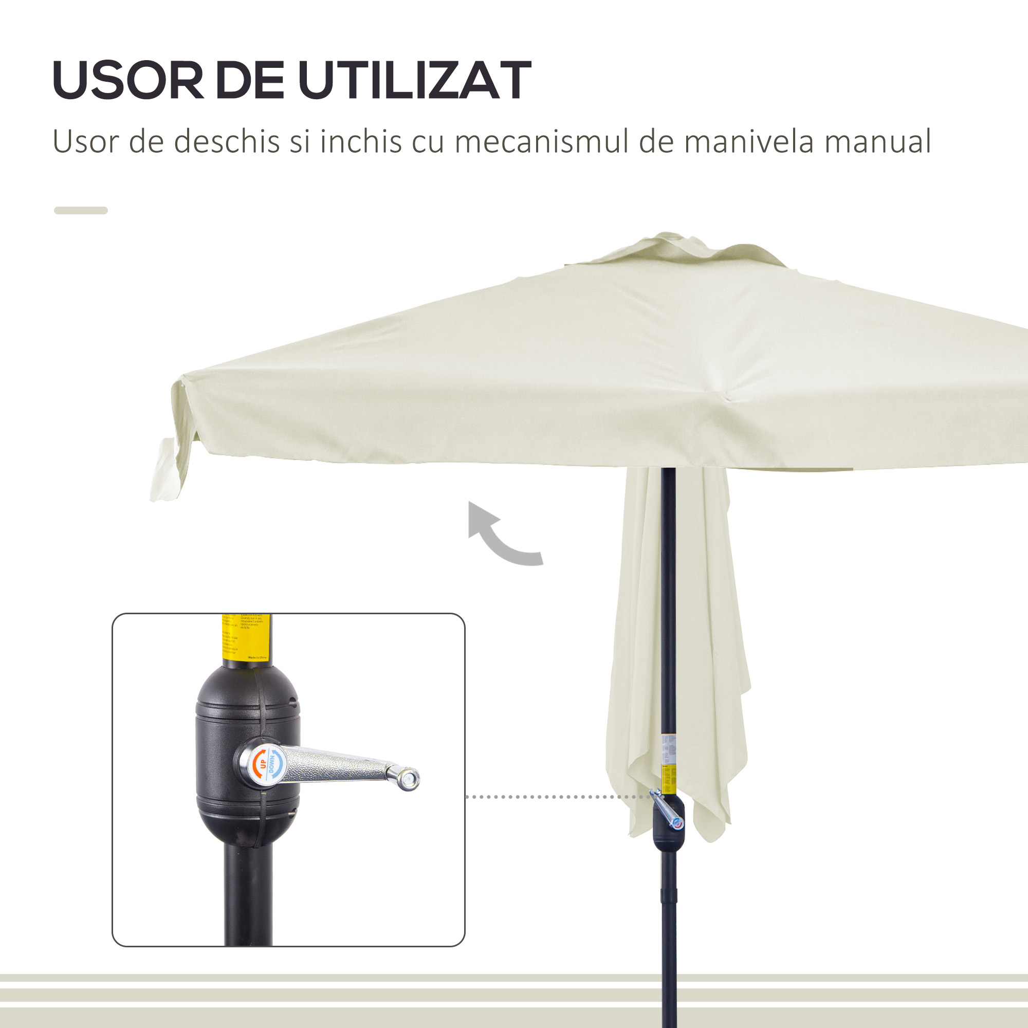  Umbrela dreptunghiular pentru gradina cu manivela, 230x130x249cm, Alb Crem [4]