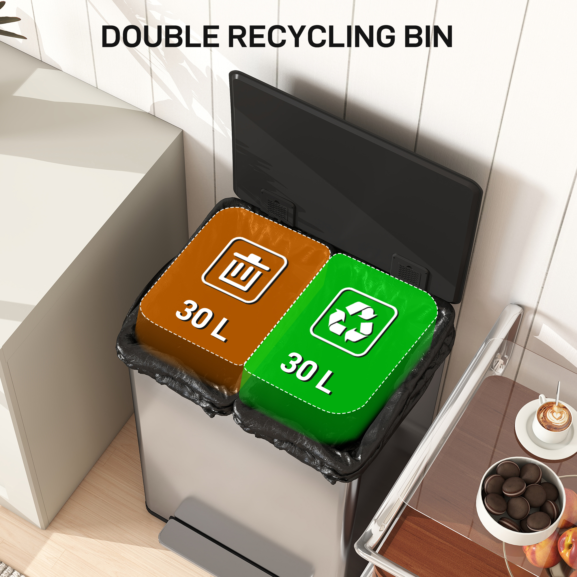  Cos de Gunoi cu Pedala cu 2 Compartimente de 30L, Capac Amortizat si Galeti Detasabili, Otel Inoxidabil, Argintiu [3]