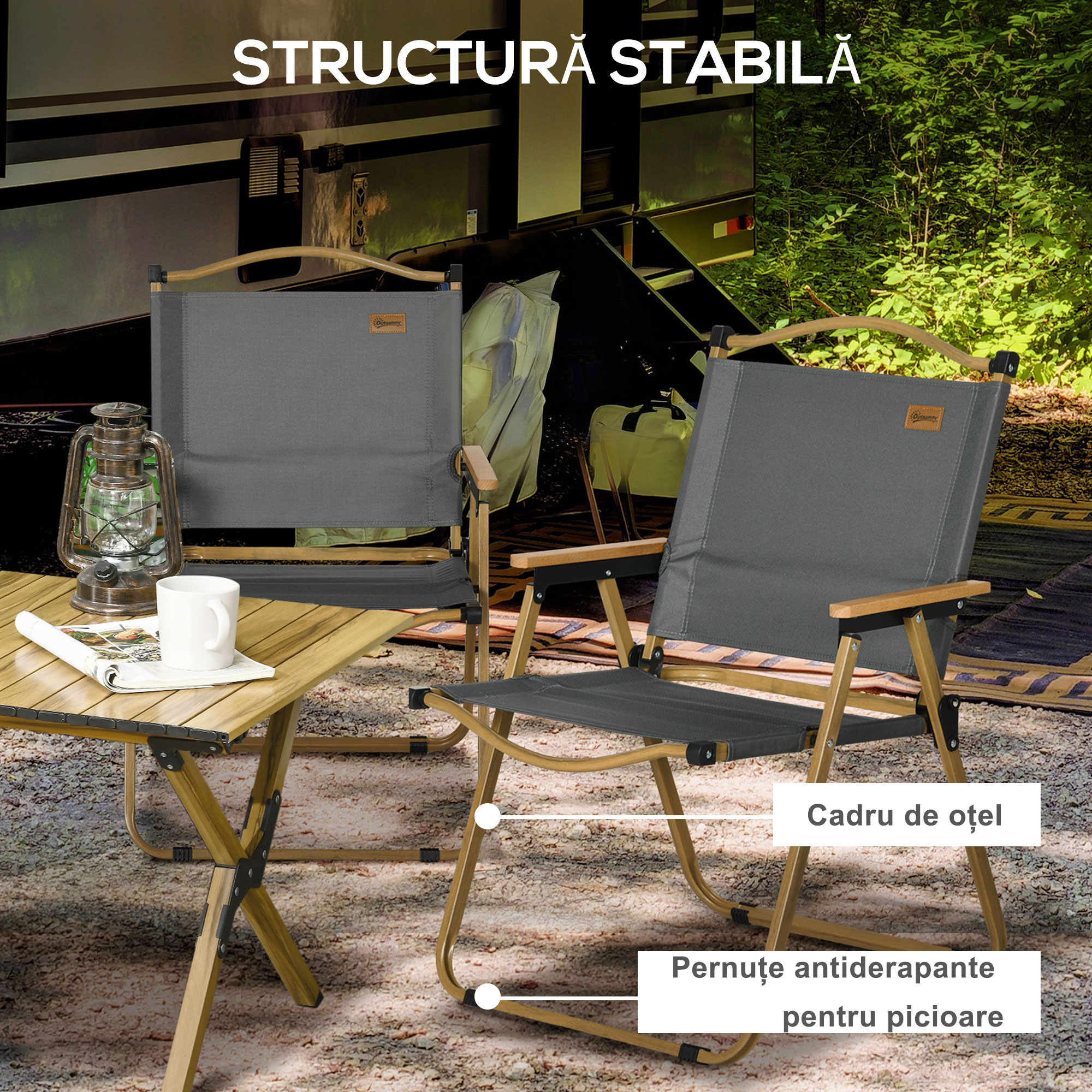 Set 2 Scaune de Camping Pliabile cu Cotiere, 54x59x78 cm, Gri inchis [6]