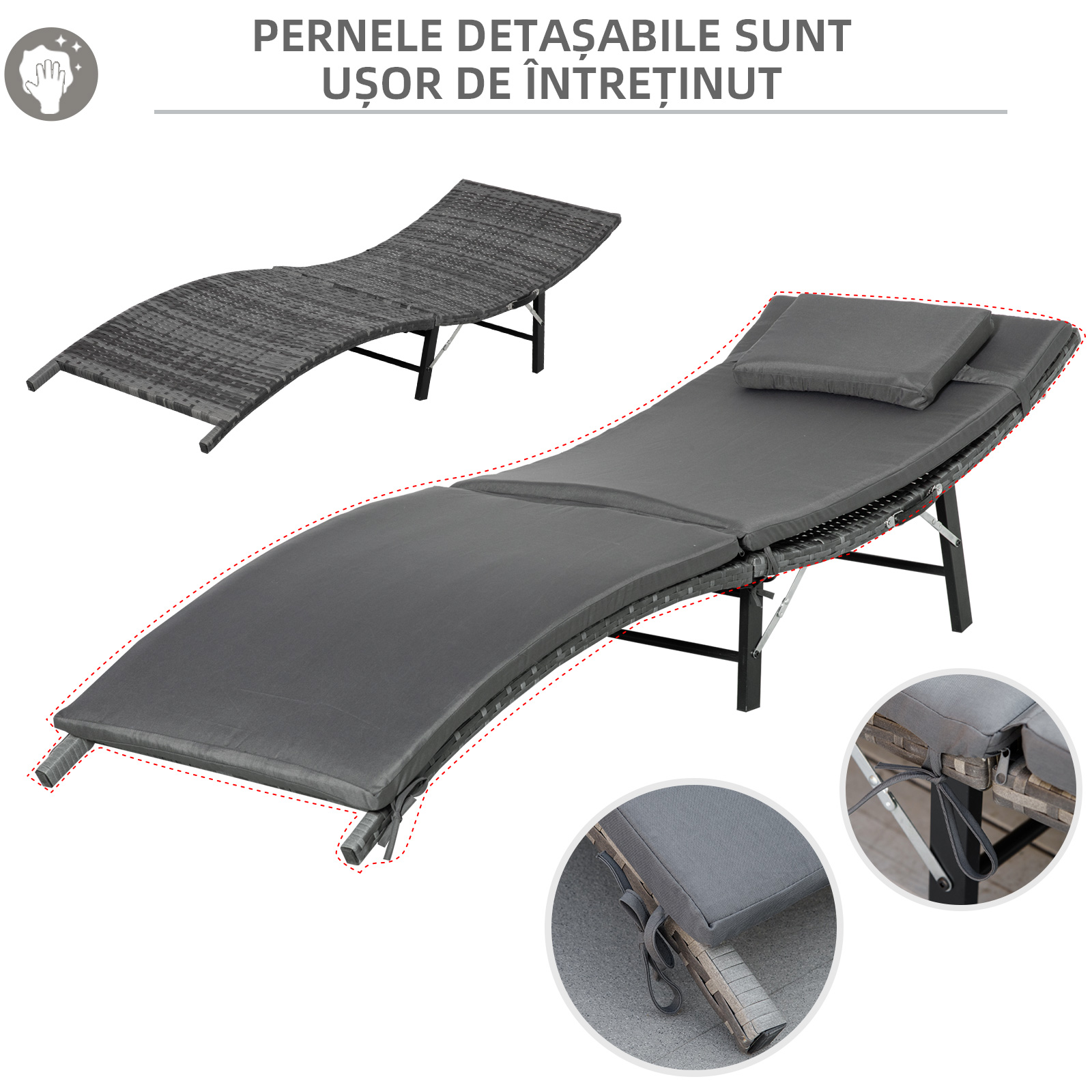  Set de 2 Sezlonguri Pliabile, Sezlong de Gradina din Ratan cu Perne Detasabile Lavabile si Masa Pliabila, Gri [6]