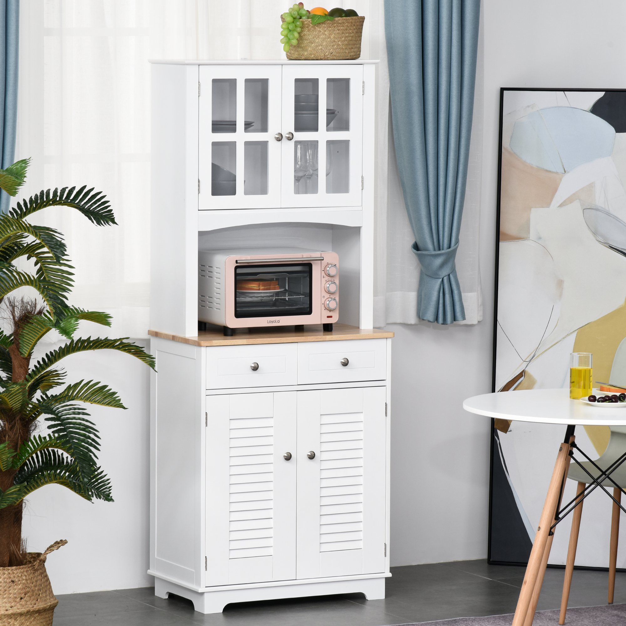  Bufet Bucatarie din Lemn Alb 68×39,5×170 cm, Dulap Spatios cu Rafturi Reglabile, 2 Sertare si Compartimente cu Usi [1]