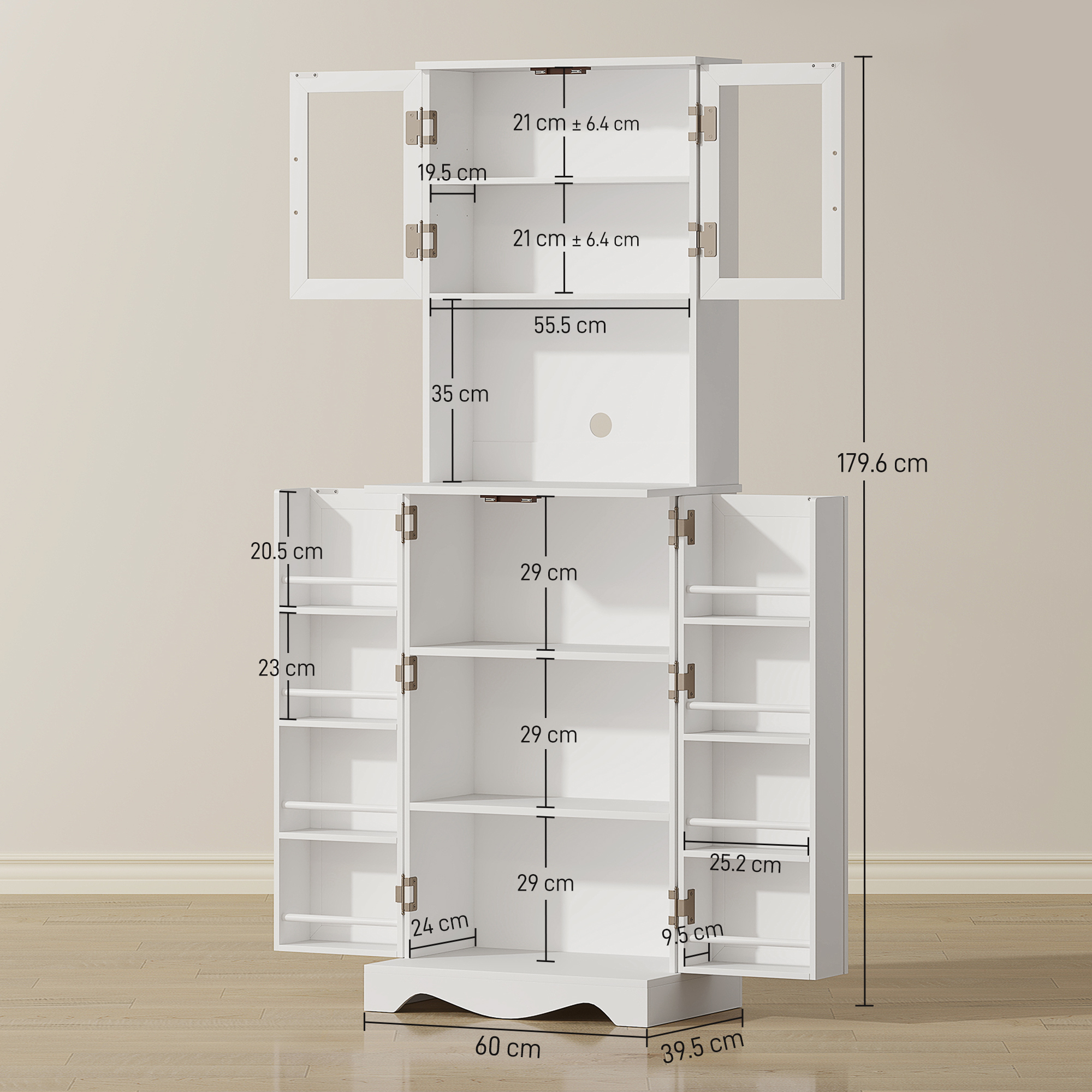  Mobila de Depozitare pentru Bucatarie cu 2 Dulapuri si 8 Rafturi, din Lemn si Acrilic, 60x39.5x179.6 cm, Alb [2]