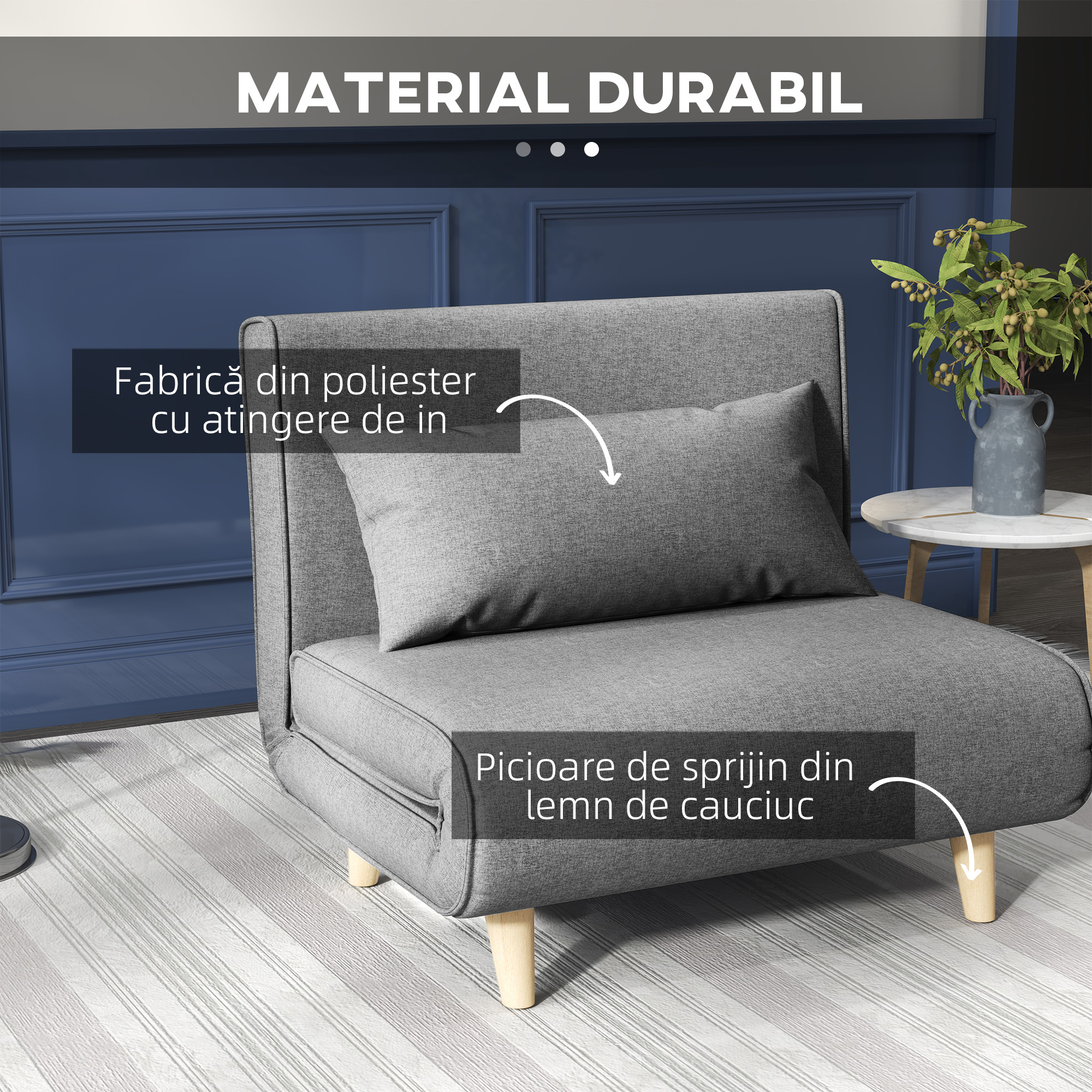  Fotoliu Pat 3 in 1 cu Spatar Reglabil pe 6 Nivele si Perna, Canapea Pat Pliant, 94x78x80 cm, Gri [4]