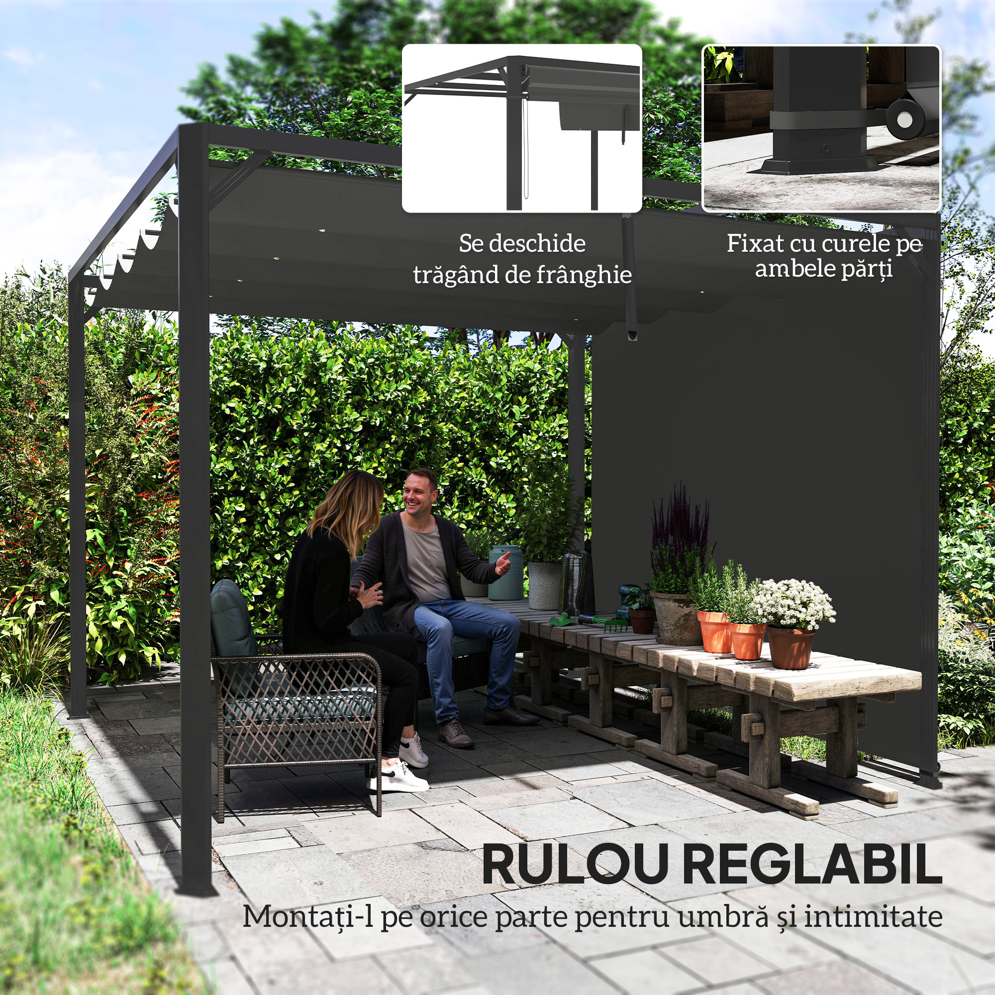  Gazebo Pergola cu Copertina Rulabila de Protectie si Orificii de Drenaj, 300x300x227 cm, Gri inchis [4]