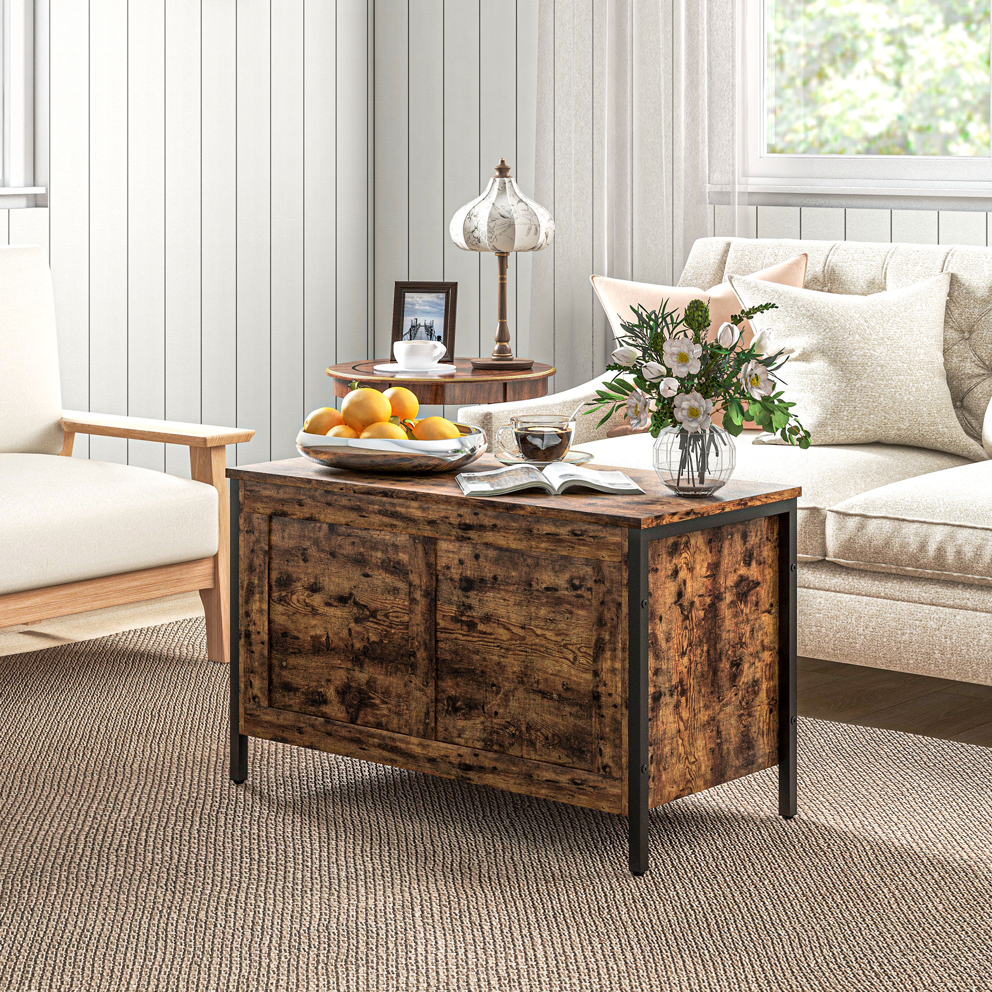  Banca de Depozitare de 95L in Stil Industrial cu Capac cu Balamale de Siguranta, 80x40x49 cm, Maro Rustic [7]