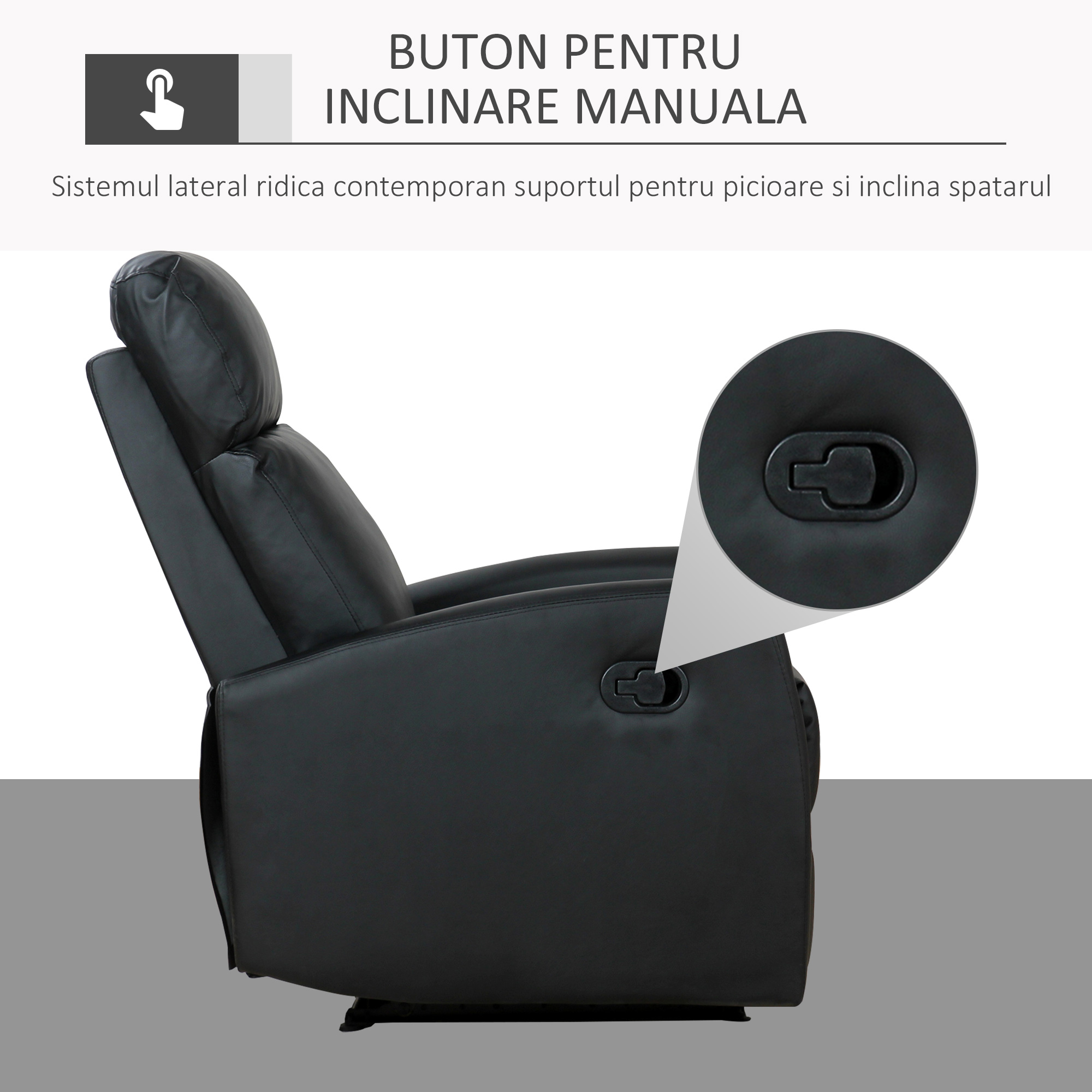  Fotoliu Relax Rabatabil Ergonomic Piele Sintetica 65 × 92 × 100cm, Negru [6]