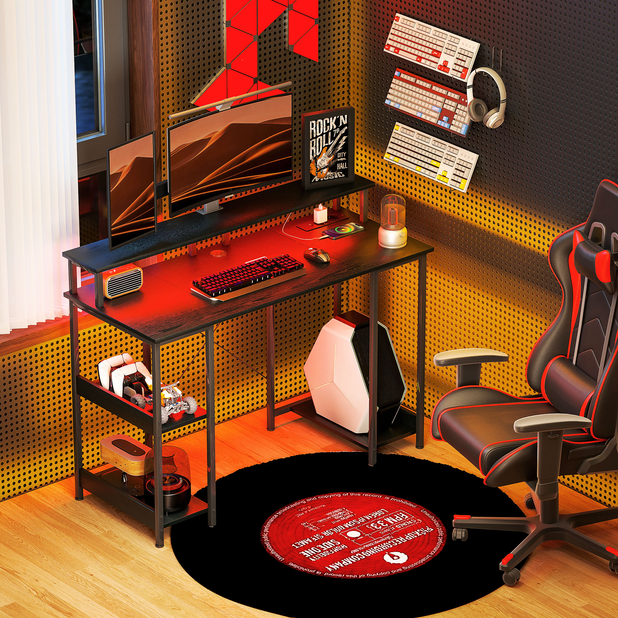  Birou Reversibil pentru Calculator cu Prize, Lumini LED, Suport Dublu si Rafturi Reglabile, 120x50x89,5 cm, Negru [1]