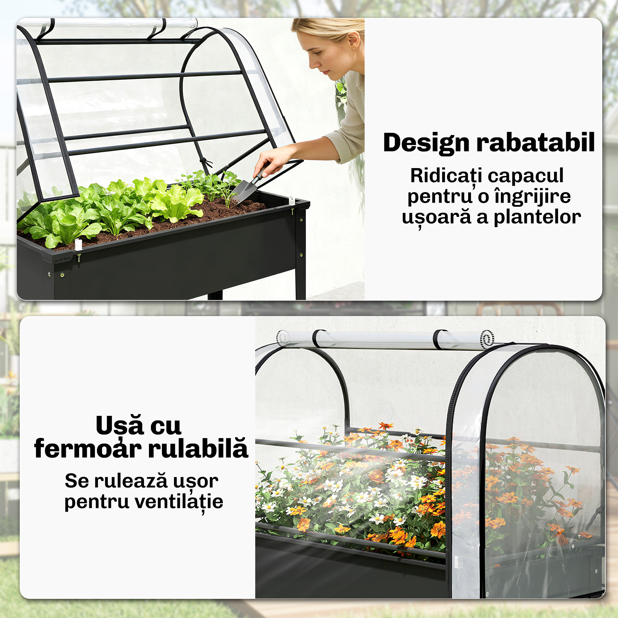  Jardiniera Ridicata cu Mini Sera si Orificiu de Drenare, 100x49x136 cm, Negru [5]