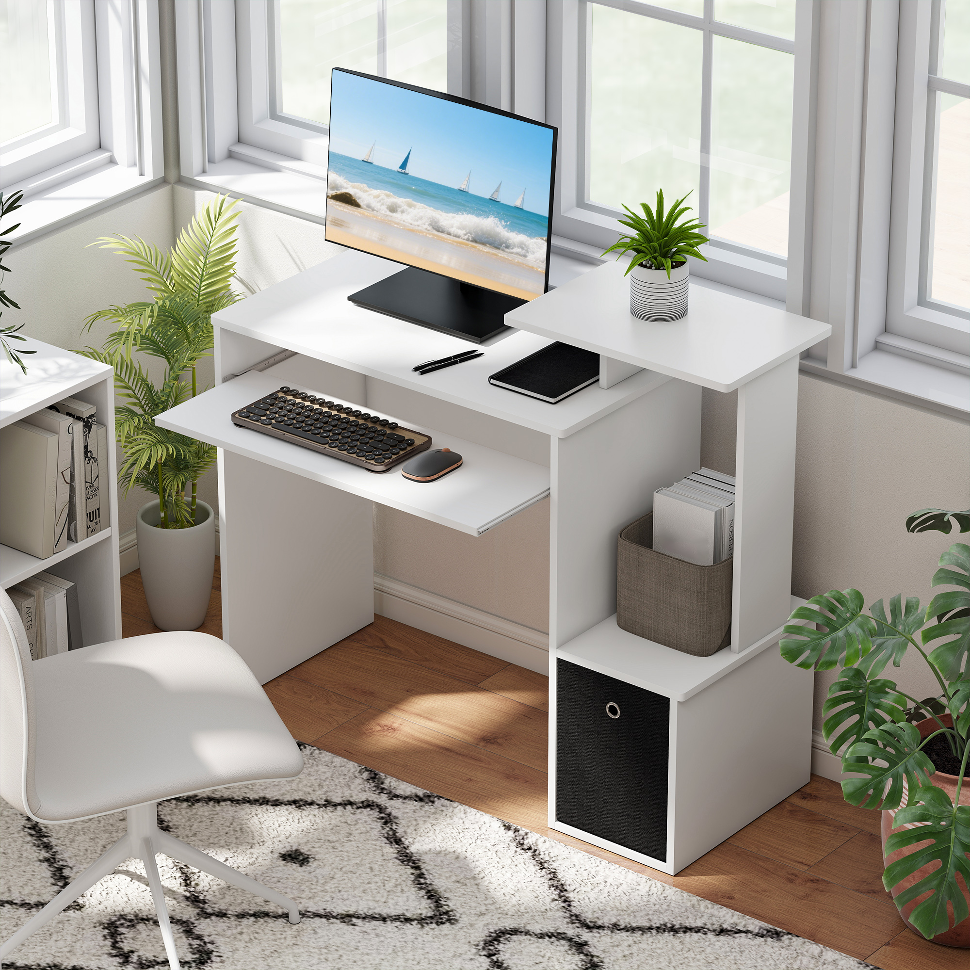  Birou Modern cu Raft pentru Tastatura si Sertar din Material Textil, 100x40x86,6cm, Alb si Negru [1]