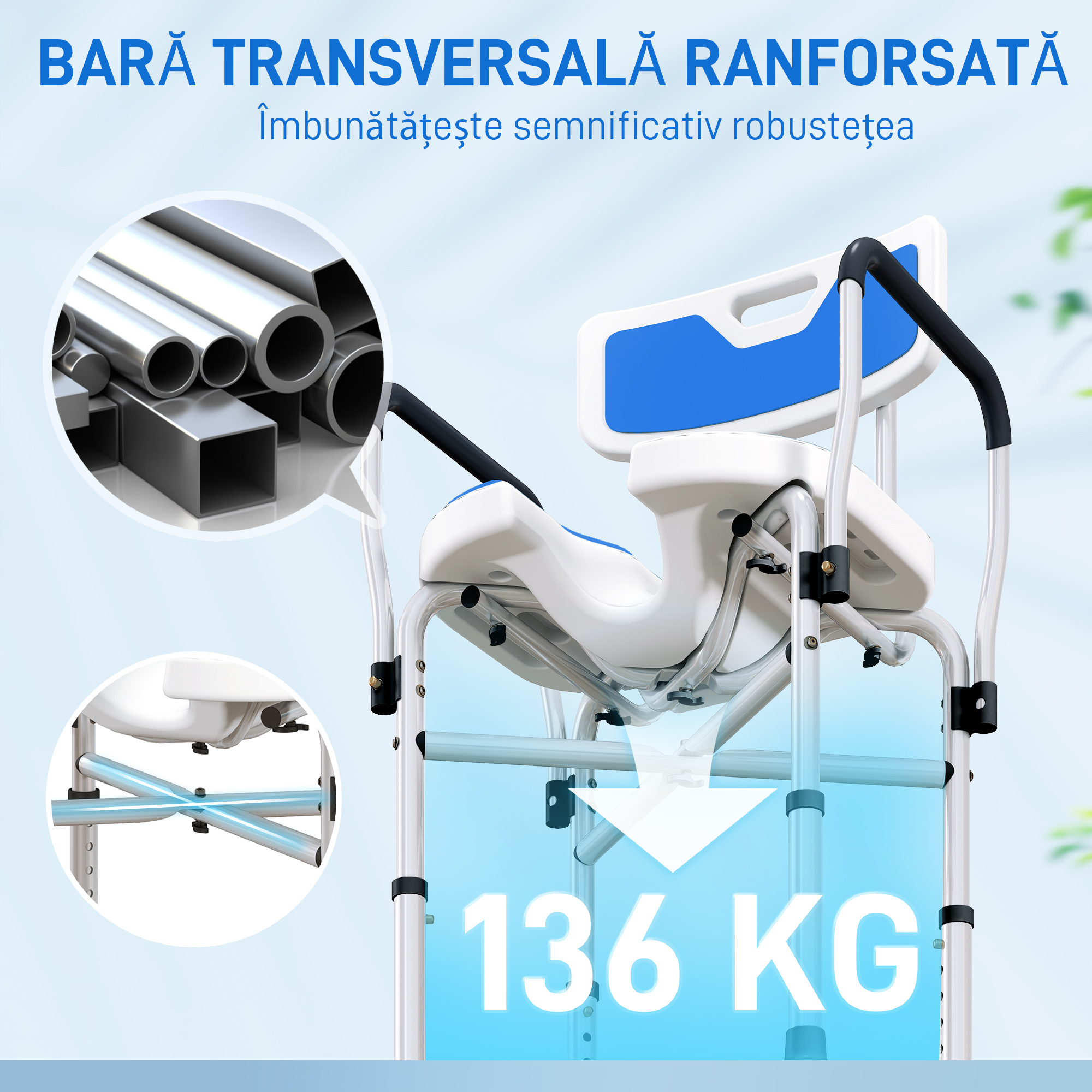  Scaun de Dus cu Spatar, Brate, sezut Canelatat, Bare de Ranforsare si inaltime Reglabila, 53x41,5x78,5-91,5 cm, Albastru [5]